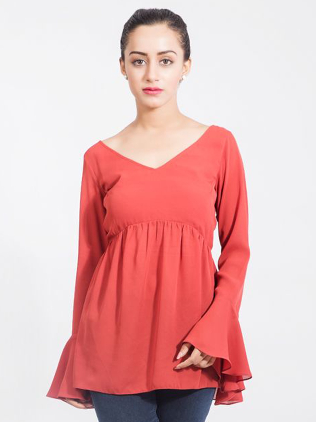 

DELIS Bell Sleeve Monochrome Georgette Top, Rust