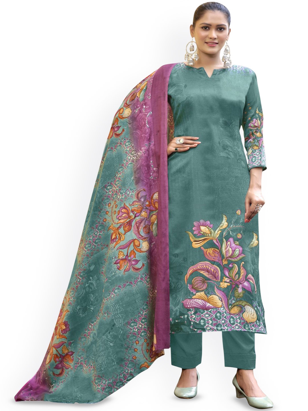 

DRAVINAM Trends Floral Printed Pashmina Unstitched Dress Material, Blue