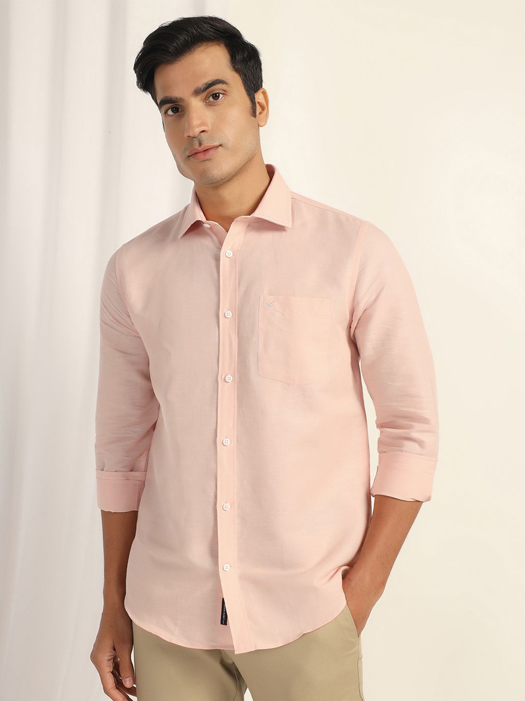 

Blackberrys Men India Slim Fit Spread Collar Solid Linen Casual Shirt, Peach
