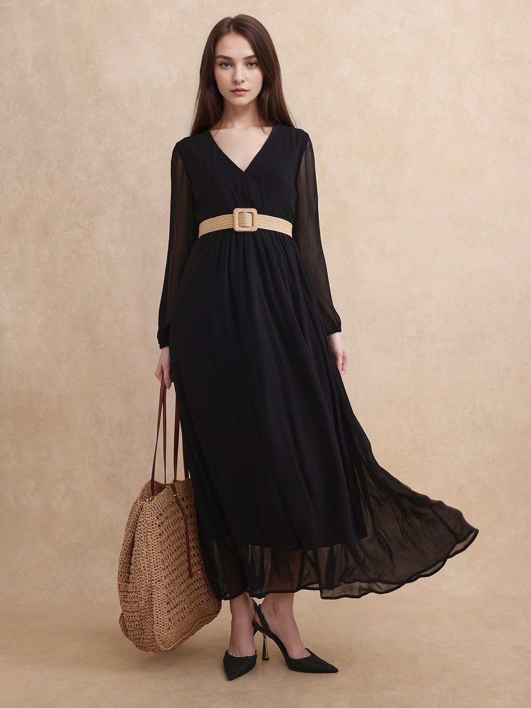 

RAREISM Print Bishop Sleeve Fit & Flare Maxi Dress, Black