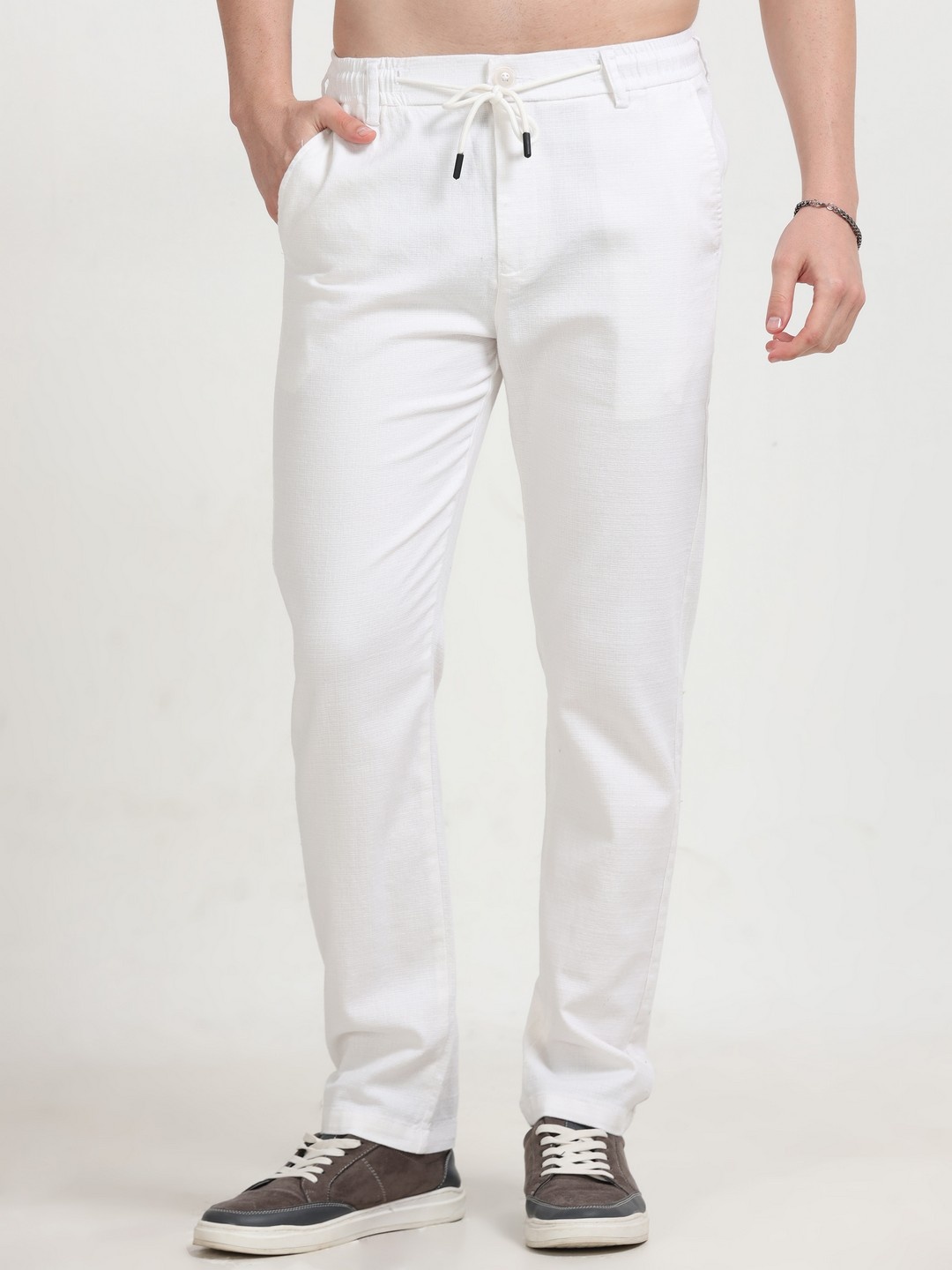 

NEVER NEUD Men Relaxed Fancy Linen Trousers, White