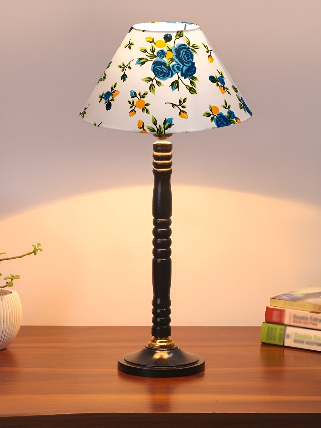 

Devansh White & Blue Printed Wooden Contemporary Frustum Shaped Table Lamp