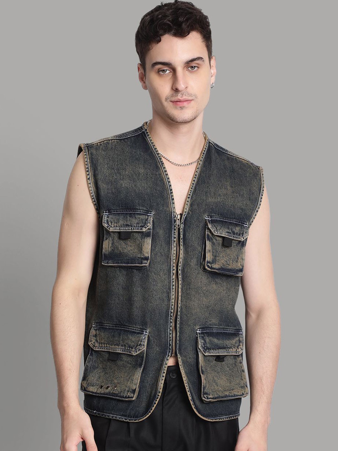 

Bene Kleed Men Washed Outdoor Open Front Jacket, Blue