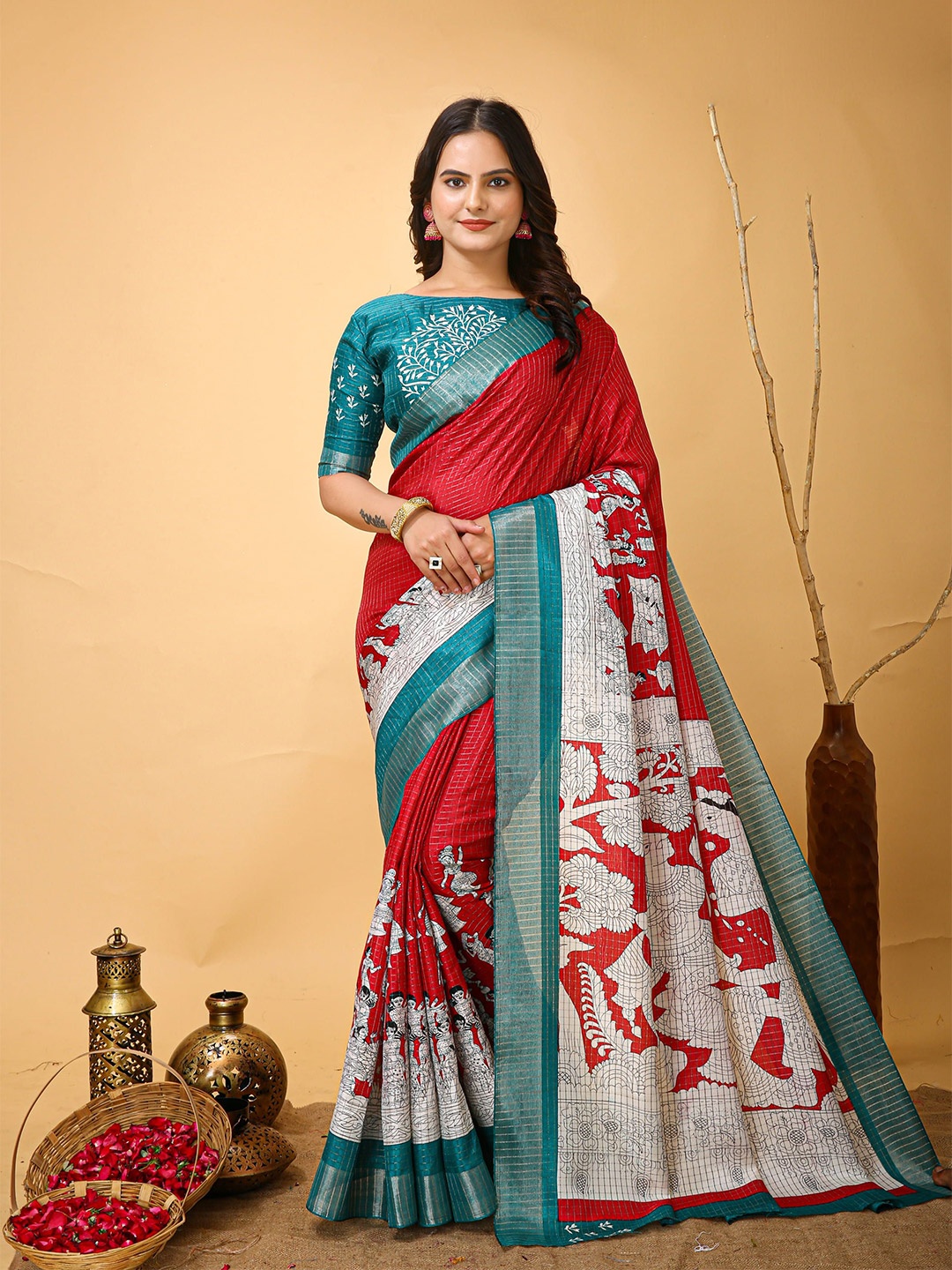 

KAYOMMI Checked Zari Pure Cotton Kanjeevaram Saree, Red