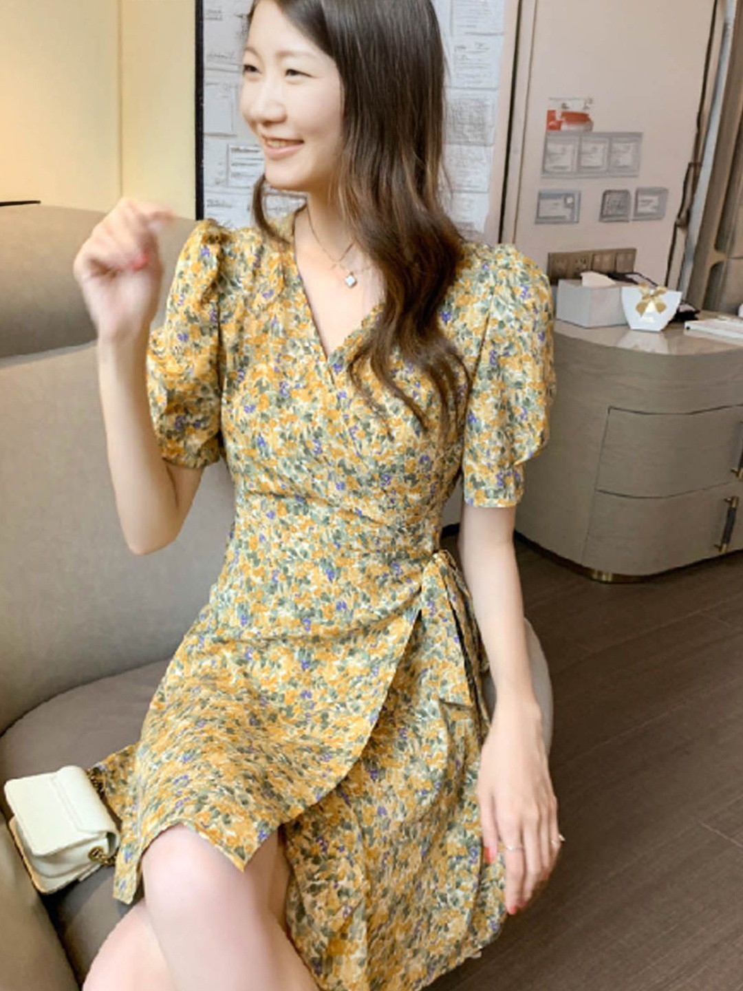 

StyleCast Floral Print Puff Sleeve Dress, Yellow