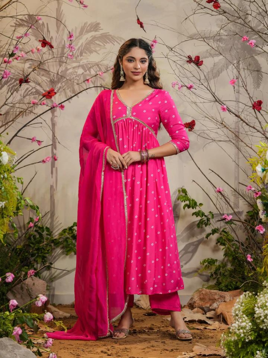 

KOTRONS Women Embroidered Regular Thread Work Kurta with Trousers & With Dupatta, Pink