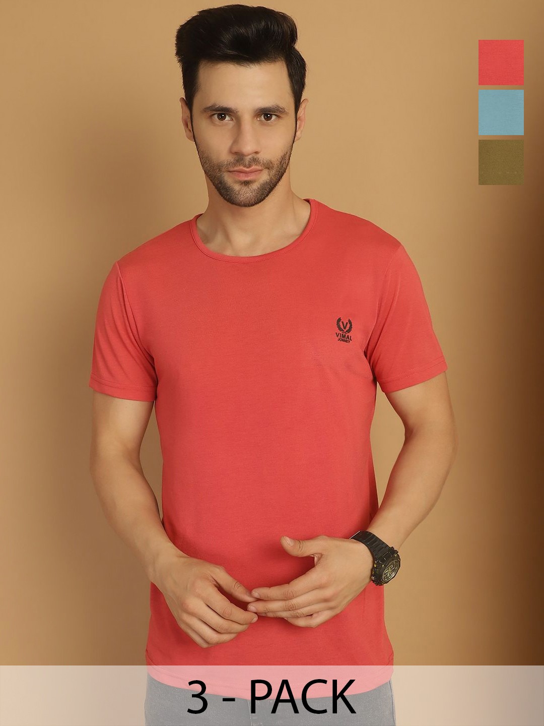

VIMAL JONNEY Men Pack Of 3 Solid Round Neck Cotton T-shirts, Coral