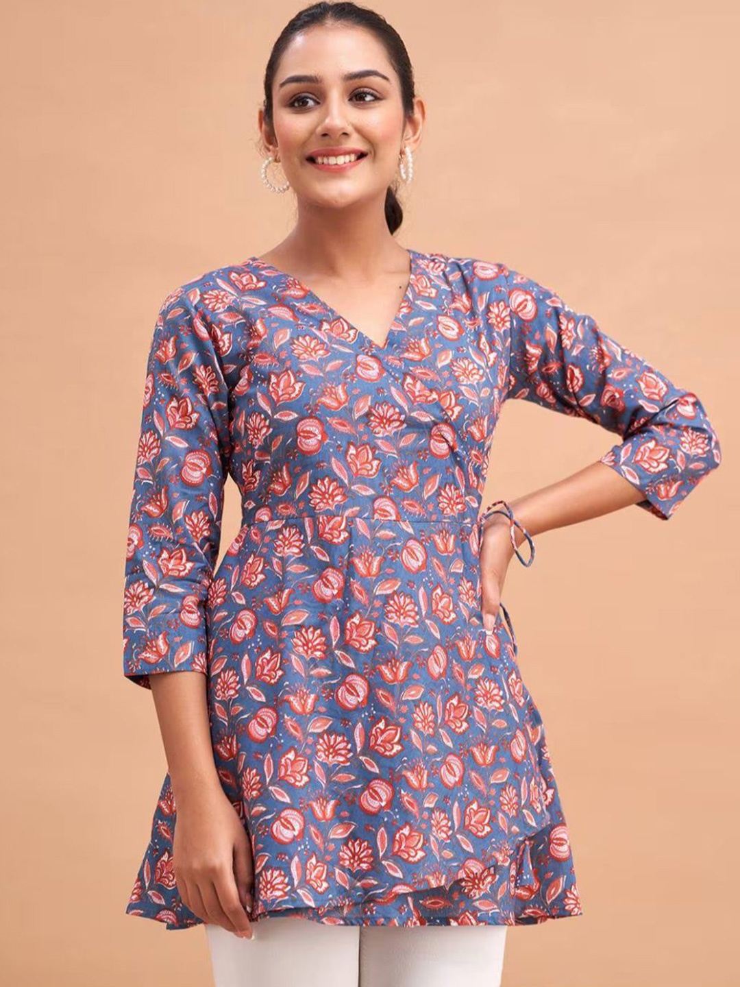 

Rangun Floral Print Wrap Three-Quarter Sleeves Viscose Rayon Top, Blue