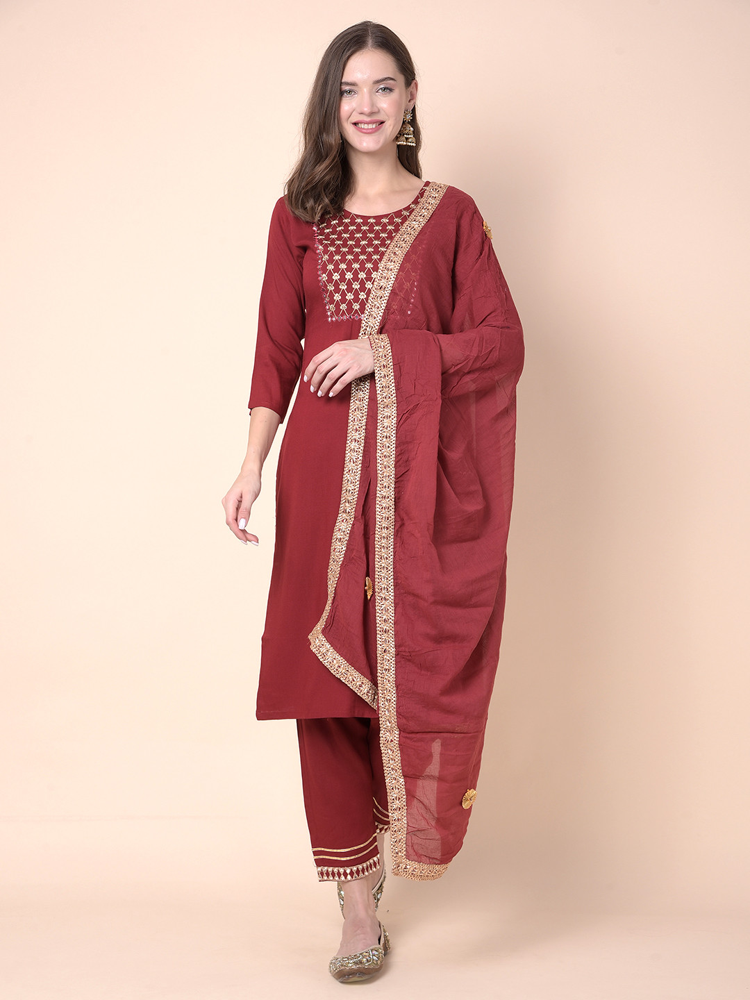 

Moda Rapido Floral Embroidered Straight Kurta With Trousers And Dupatta, Red