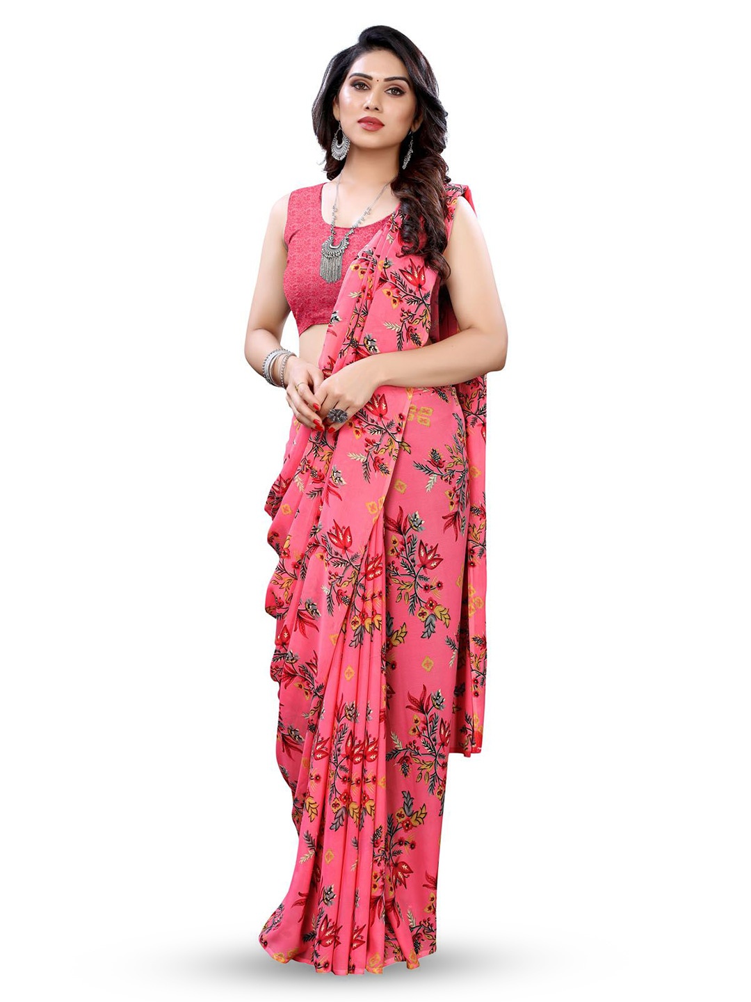 

HERE&NOW Floral Poly Georgette Saree, Rose