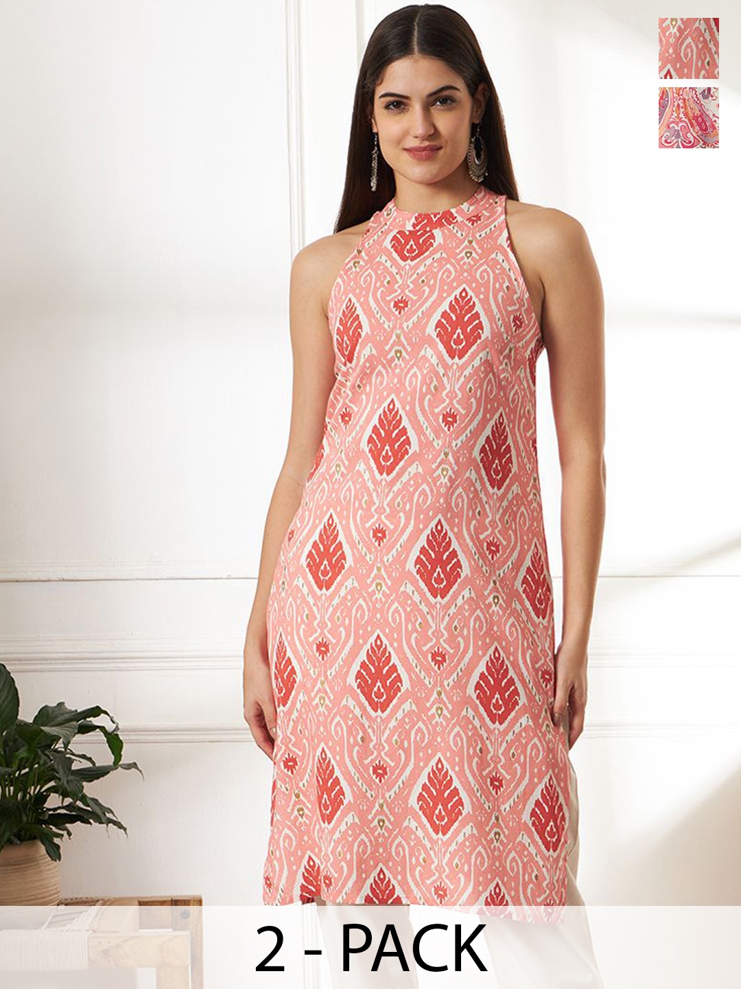 

Anouk Rustic Selection Of 2 Ethnic Motifs Printed Cotton Halter Neck Straight Kurtas, Peach