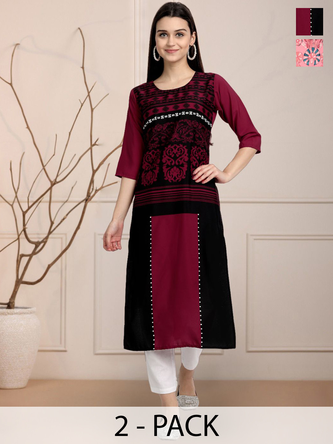 

Moda Rapido Black & Pink Selection Of 2 Ethnic Motifs Printed Straight Kurtas