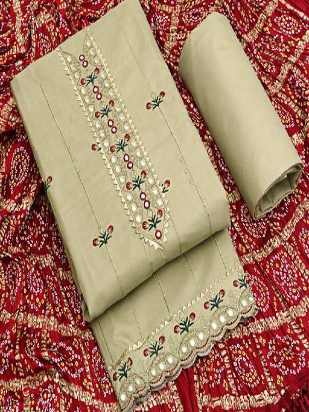 

TRYSTON Floral Embroidered Cotton Blend Unstitched Dress Material, Beige