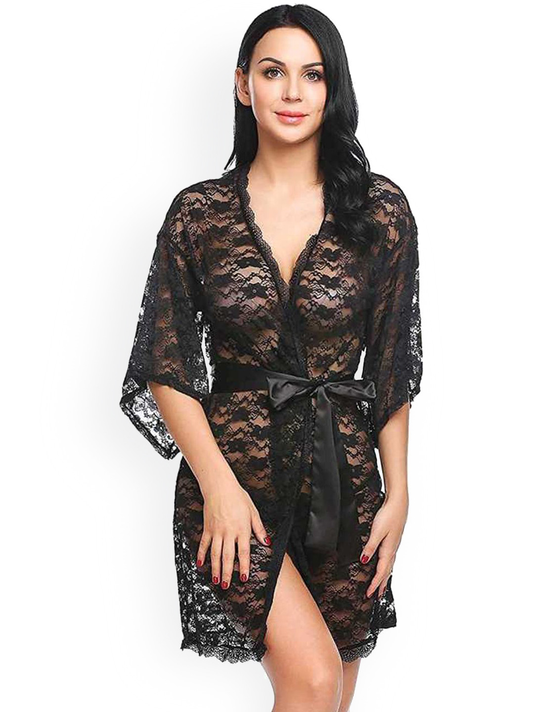 

Fihana Women Self Design Net Baby Doll, Black