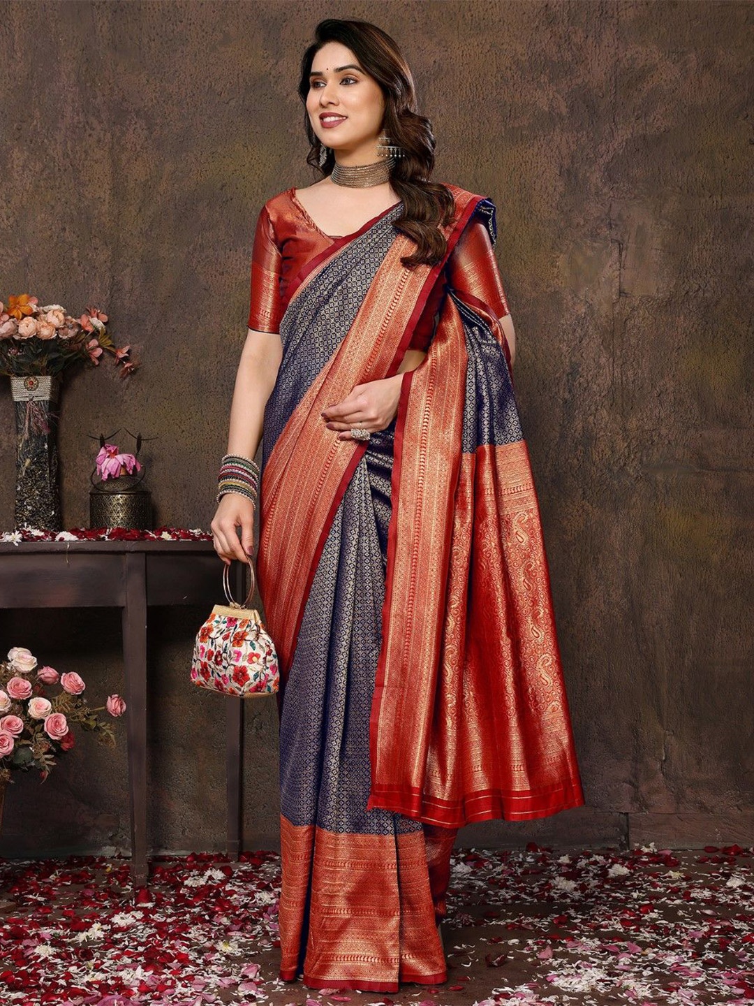 

KALINI Woven Design Zari Silk Blend Banarasi Saree, Navy blue