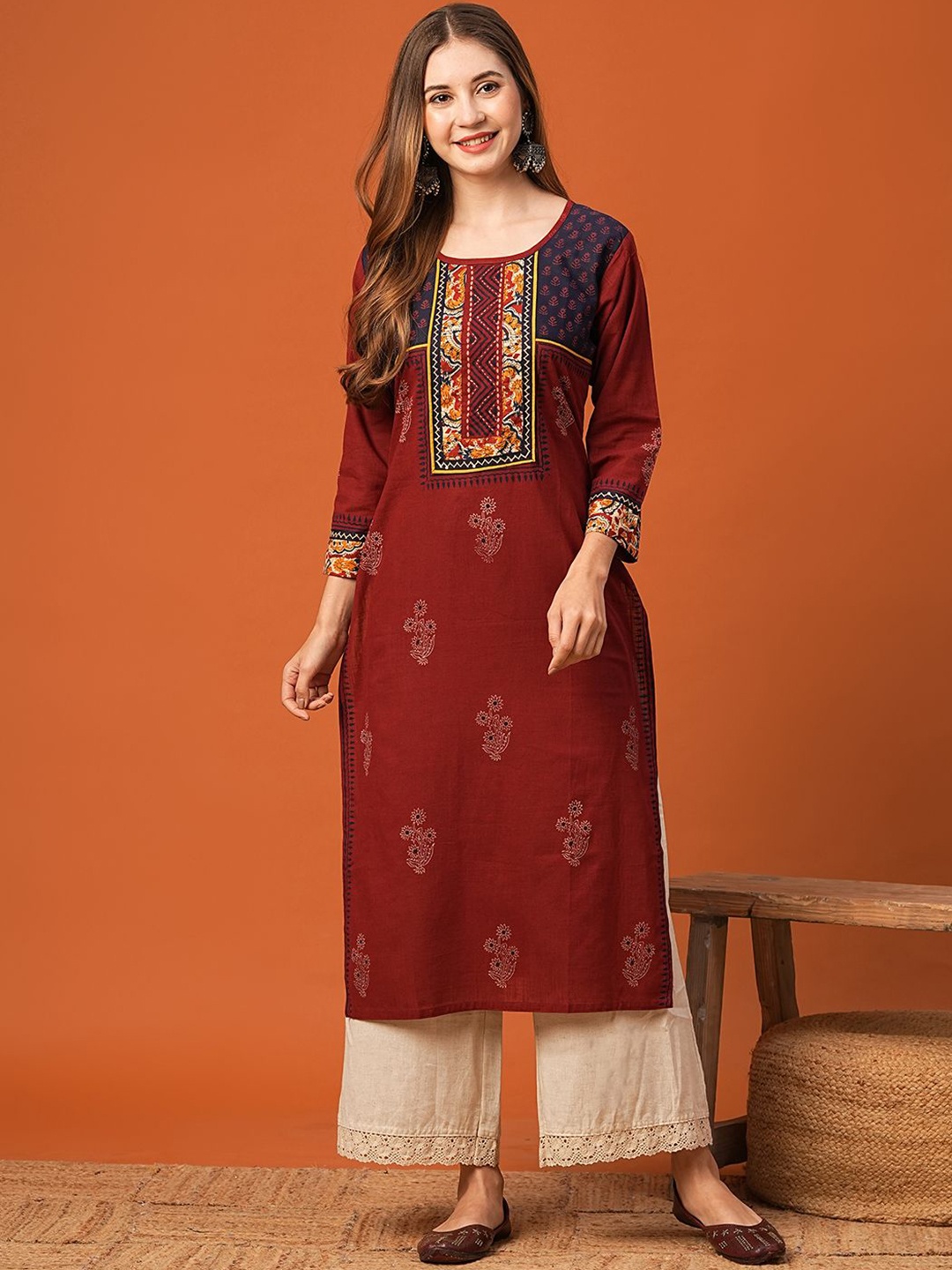 

FASHOR Women Ethnic Motifs Printed Kantha Work Kurta, Maroon