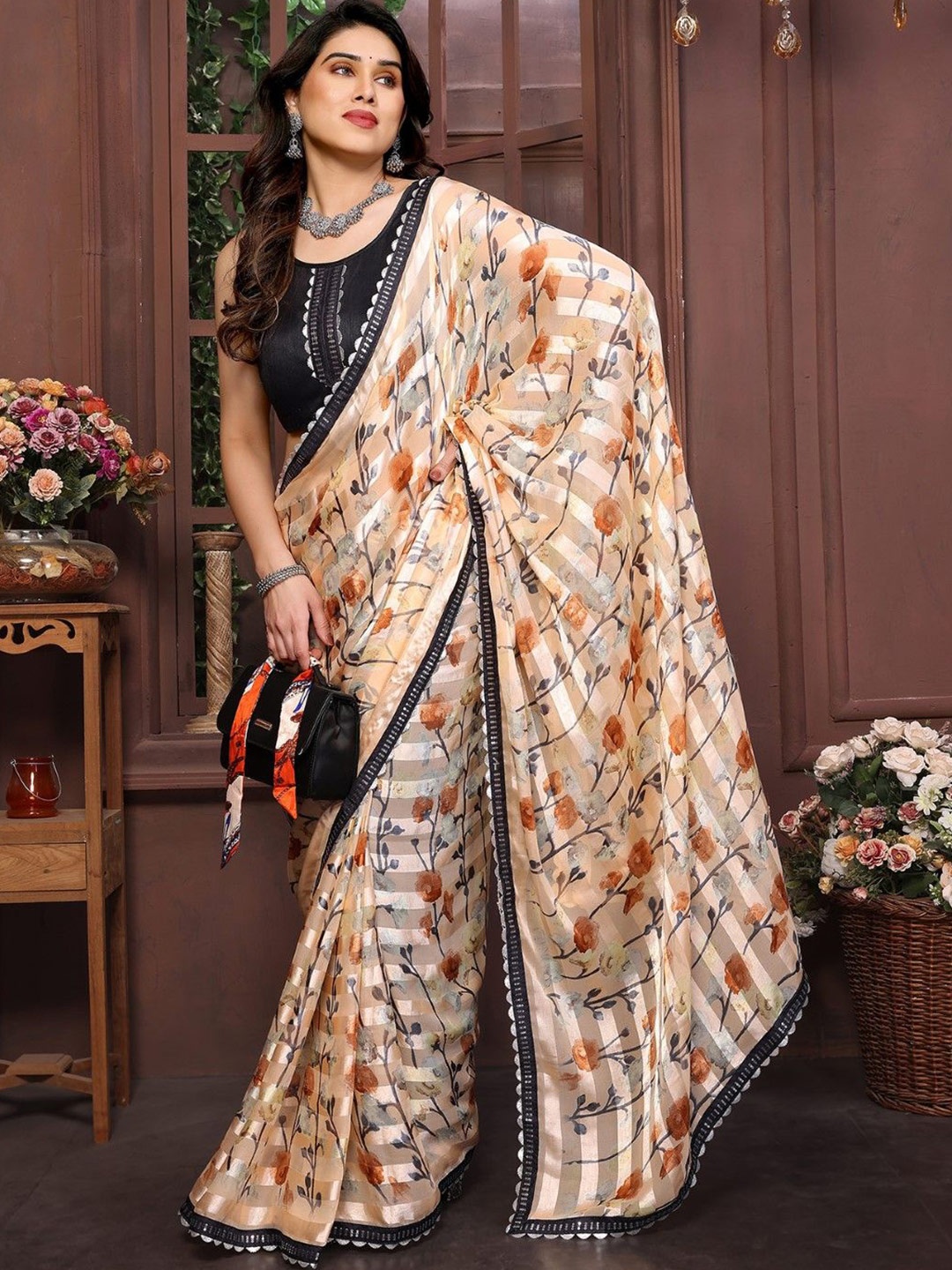 

KALINI Floral Sequinned Satin Saree, Orange