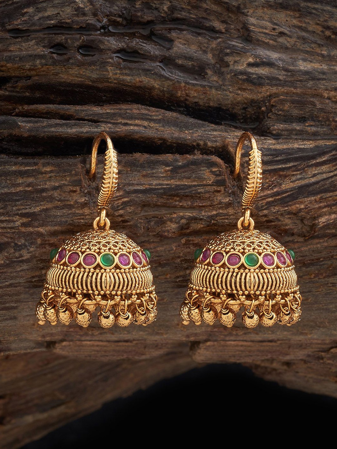 

Kushal's Fashion Jewellery Ruby Gold-Plated Dome Shaped Antique Jhumkas Earrings