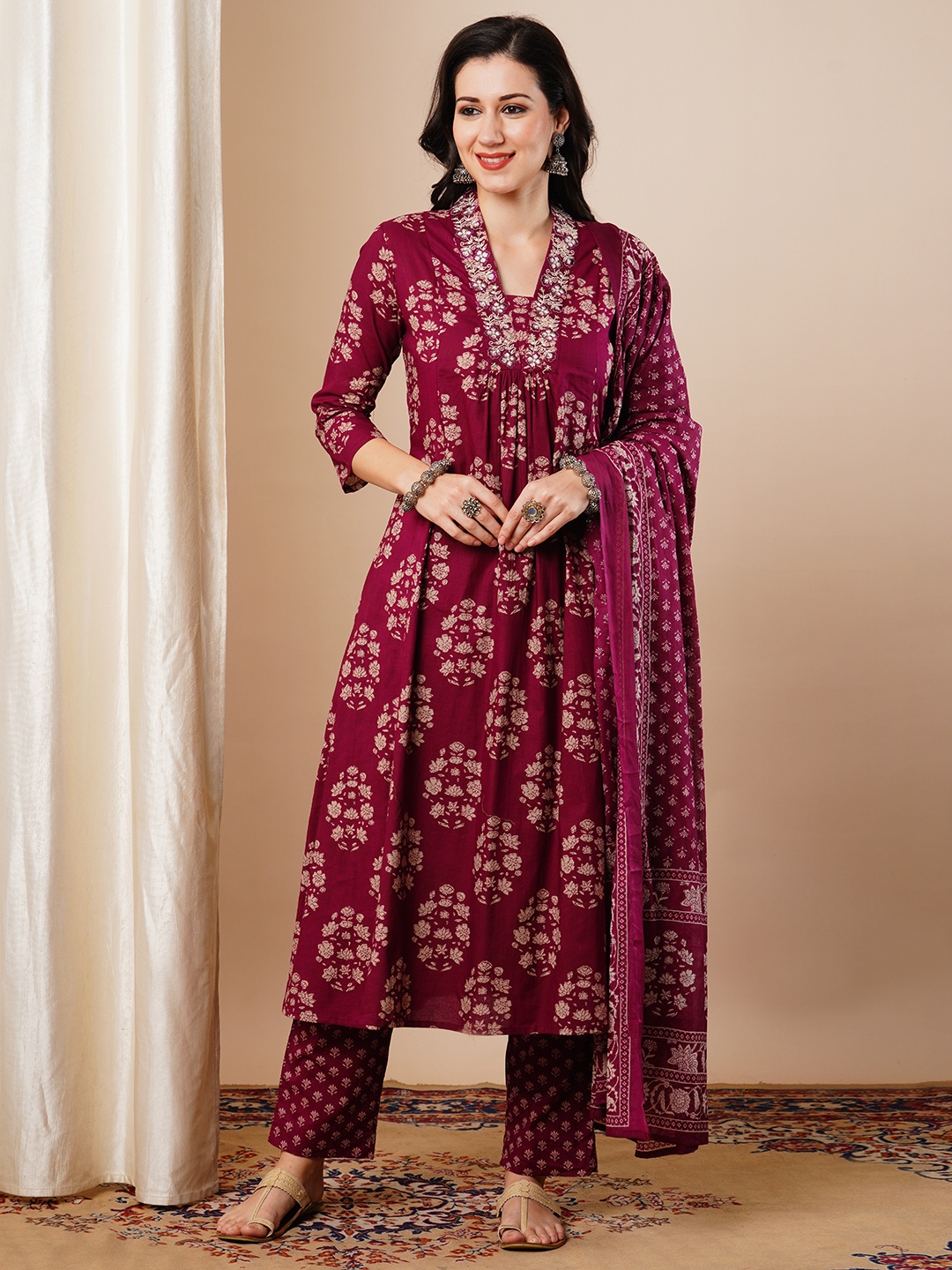 

FASHOR Women Ethnic Motifs Printed Panelled Sequinned Pure Cotton Kurta with Trousers & With Dupatta, Magenta