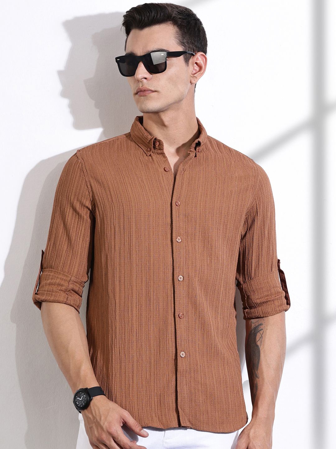 

Thomas Scott Men Classic Slim Fit Opaque Casual Shirt, Brown