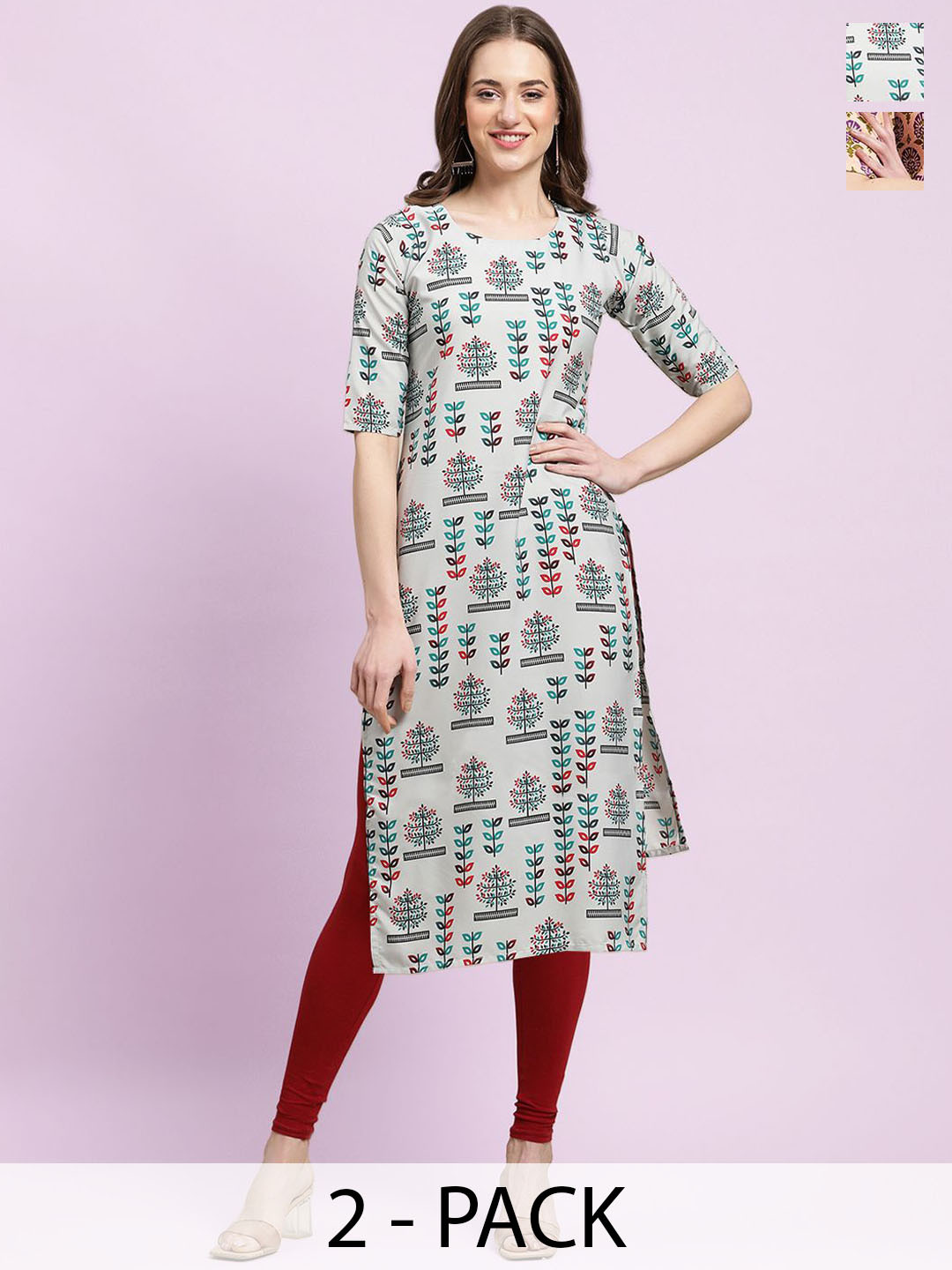 

Moda Rapido Grey & Cream-Coloured Selection Of 2 Ethnic Motifs Printed Straight Kurtas