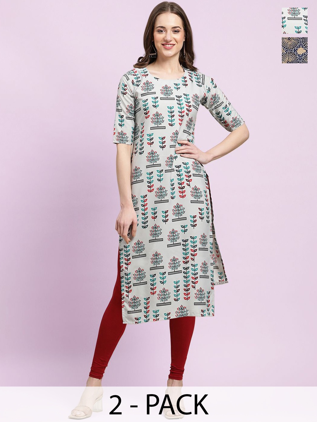 

Moda Rapido Grey & Navy Blue Selection Of 2 Ethnic Motifs Printed Straight Kurtas