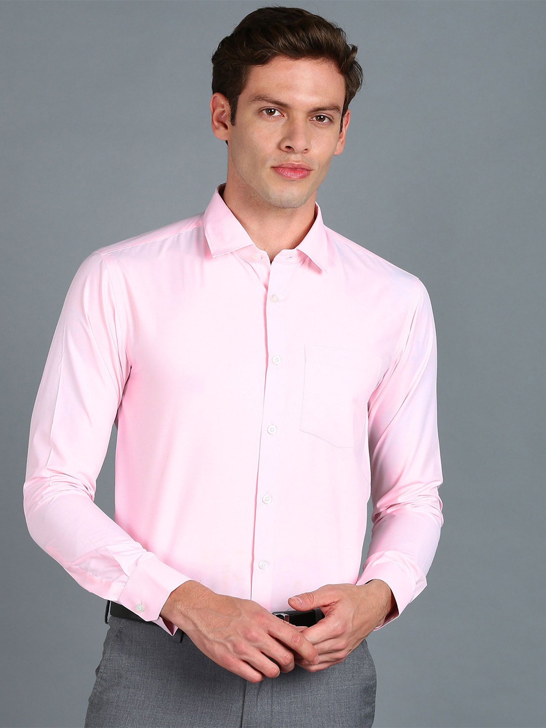 

BRUTTLYN Men Classic Slim Fit Spread Collar Solid Cotton Casual Shirt, Pink