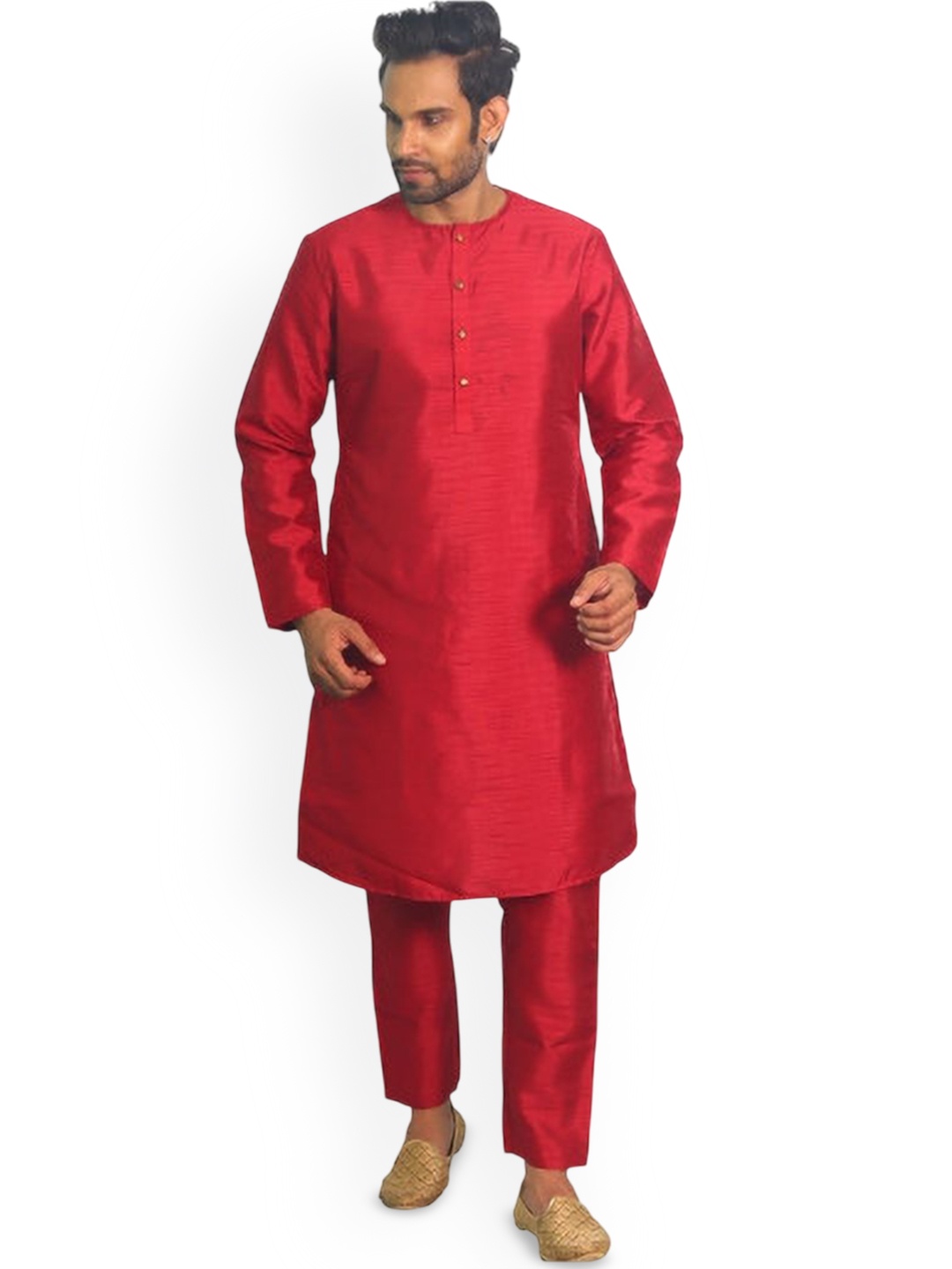 

House of Aqss Band Collar Straight Kurta With Pyjamas, Red