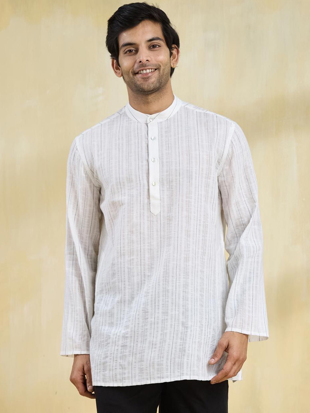 

Fabindia Woven Design Band Collar pure Cotton Straight Short Kurta, White