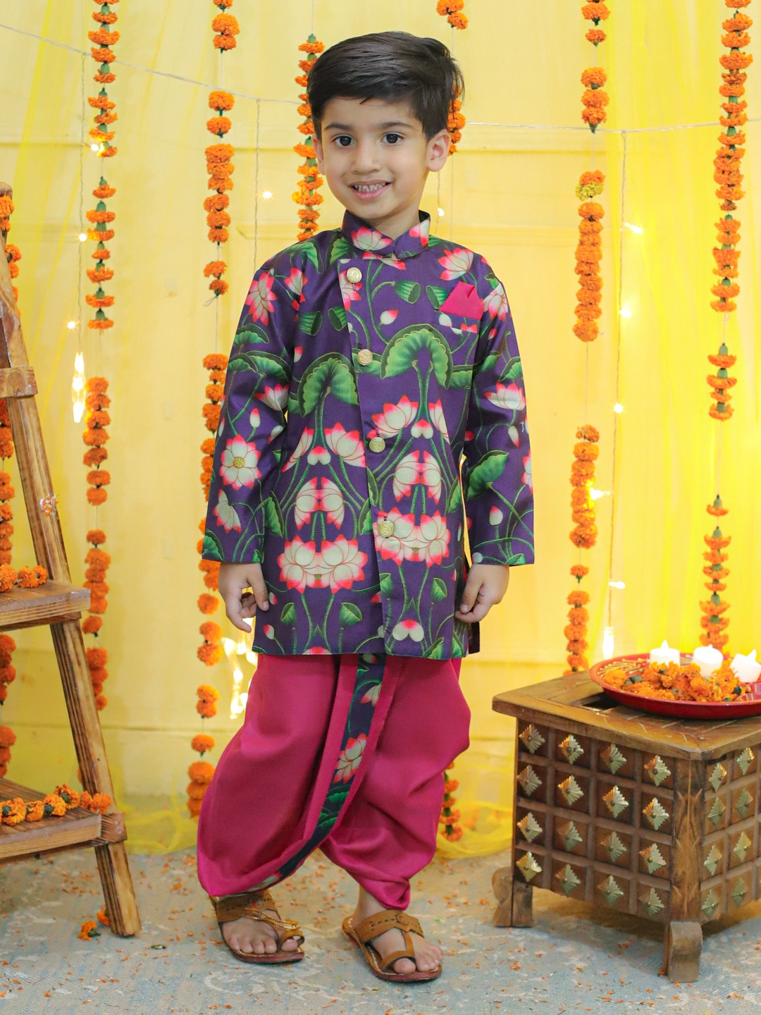 

BownBee Boys Floral Printed Regular Kurta with Dhoti Pants, Purple