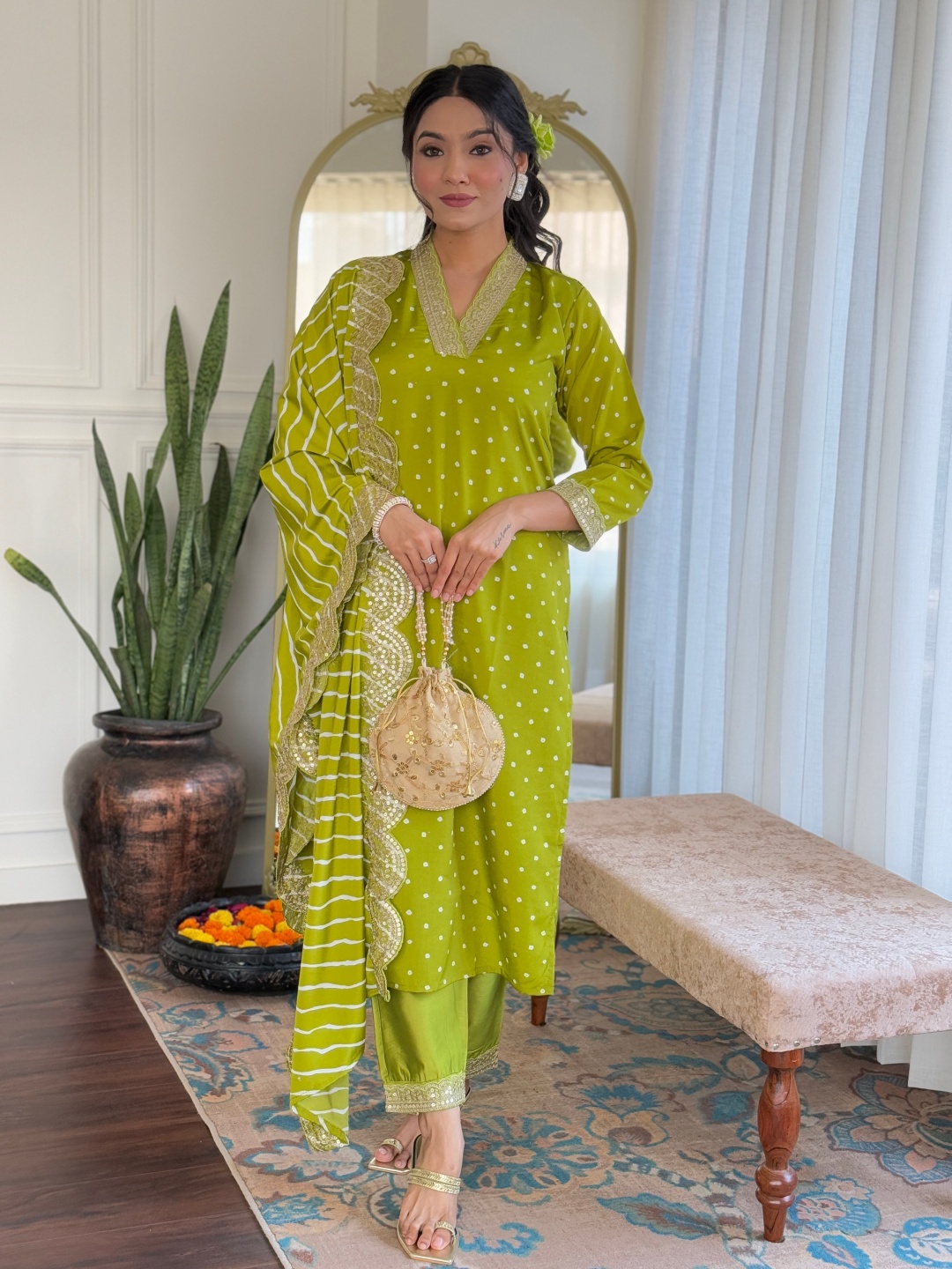 

KALINI Women Bandhani Embroidered Empire Thread Work Kurta with Trousers & With Dupatta, Lime green