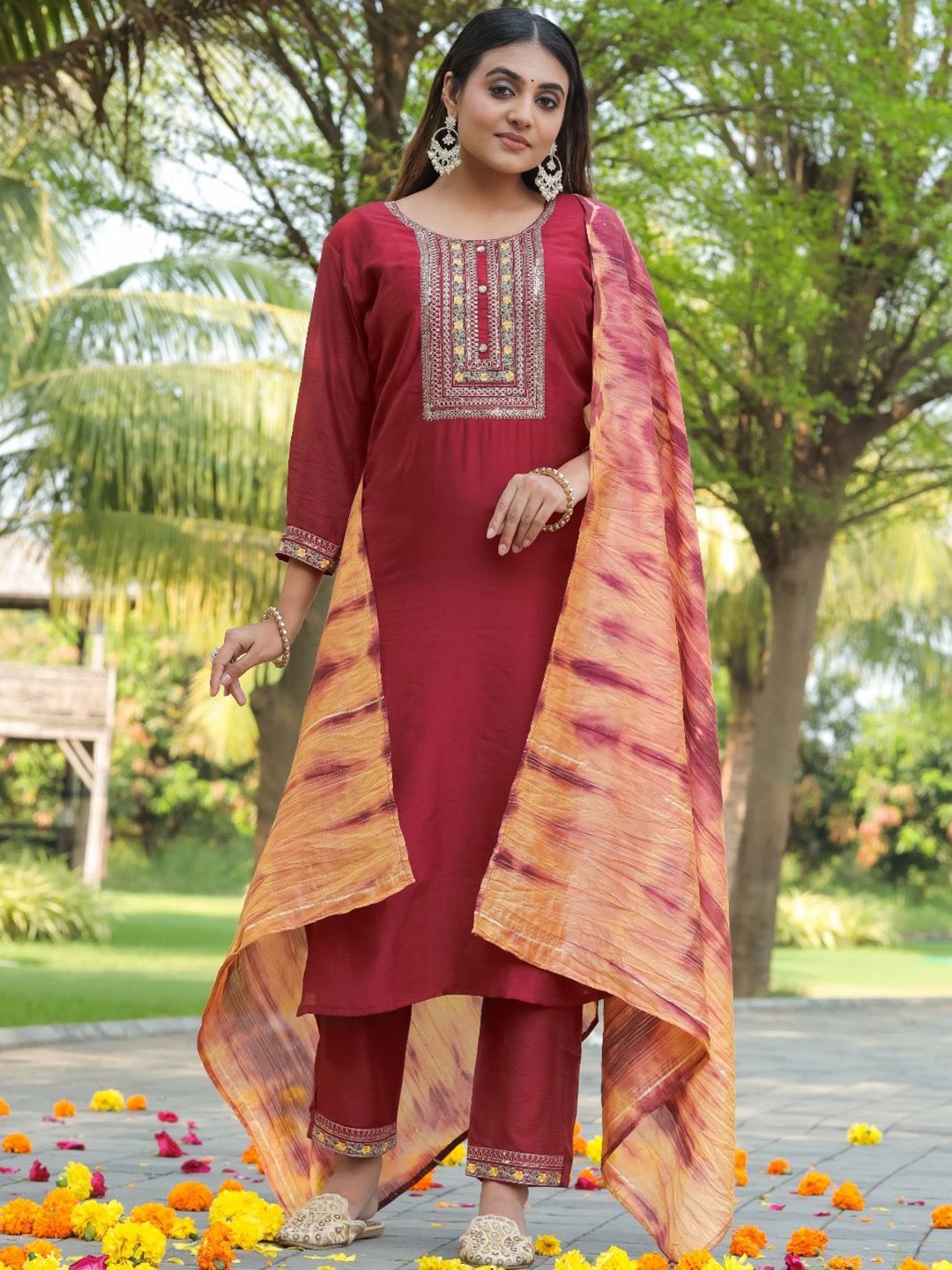 

Moda Rapido Ethnic Motifs Embroidered Sequinned Straight Kurta With Trouser & Dupatta, Red