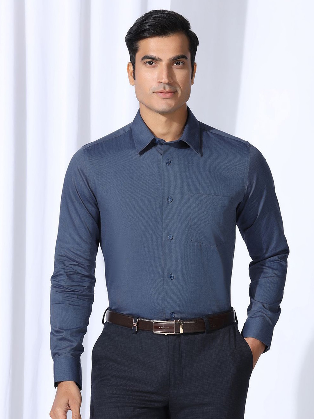 

Blackberrys Men India Slim Fit Spread Collar Solid Cotton Formal Shirt, Navy blue