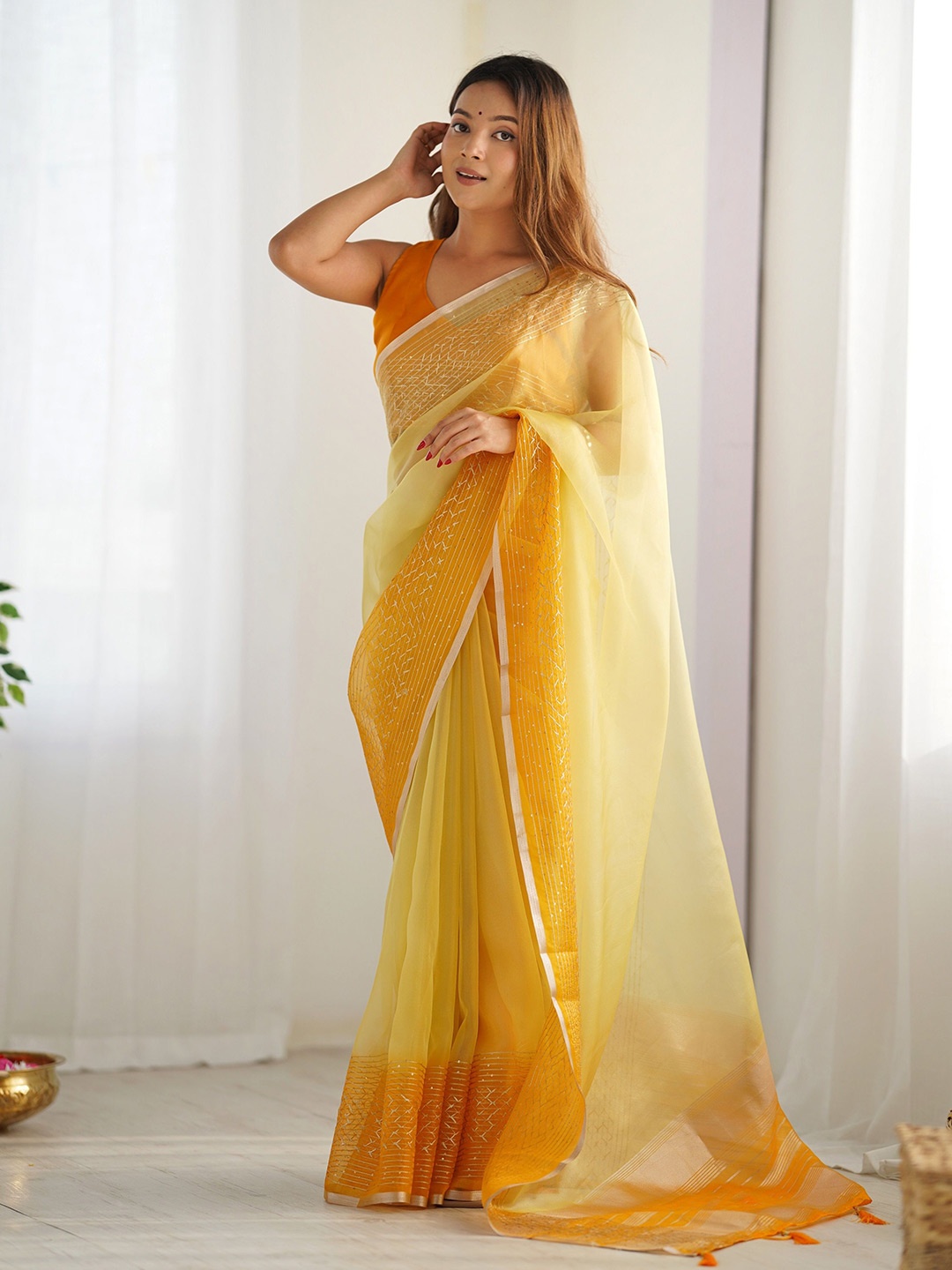 

J.KANJI Sequinned Organza Khadi Saree, Yellow