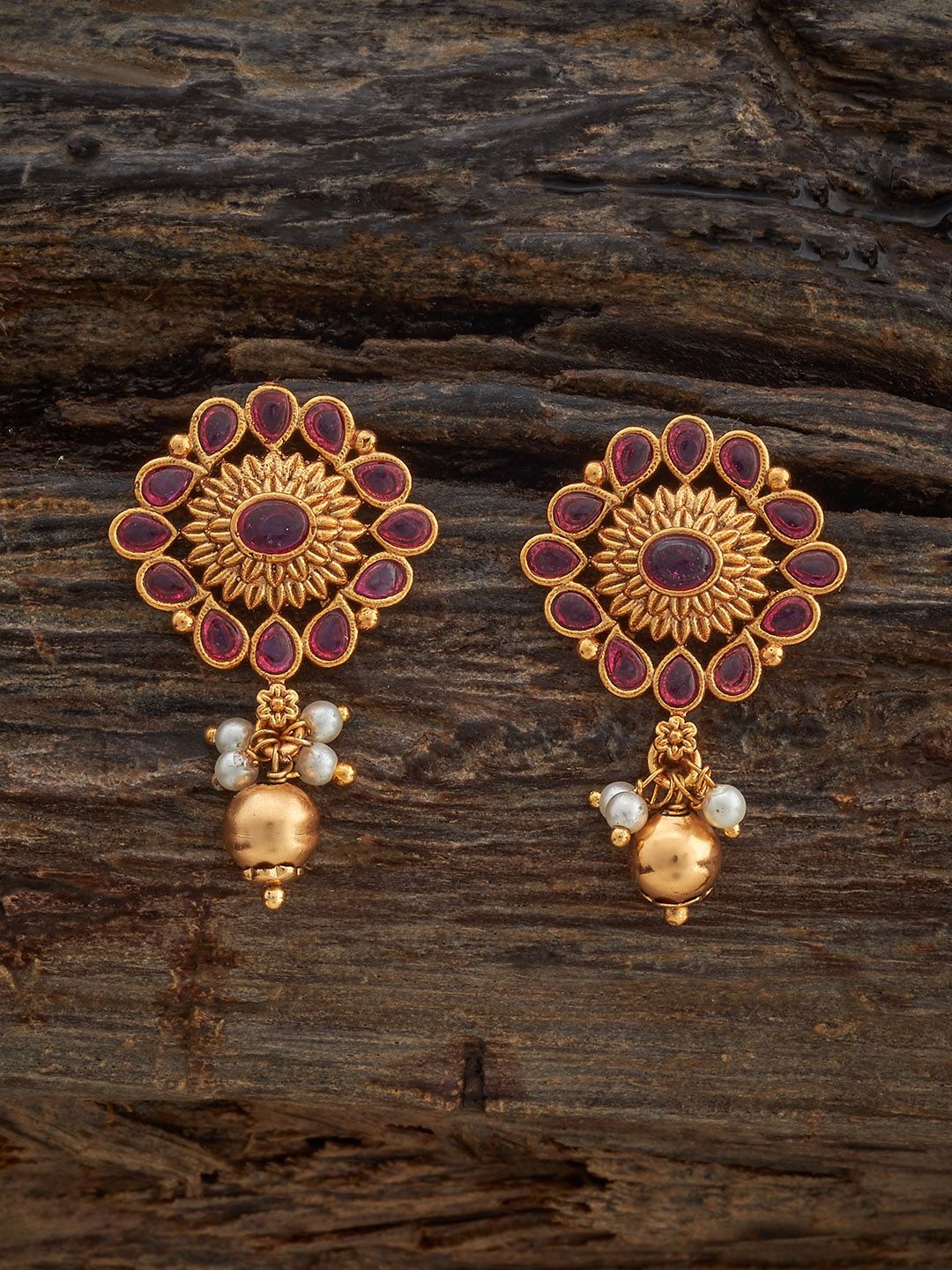 

Kushal's Fashion Jewellery Ruby Gold-Plated Floral Antique Studs Earrings