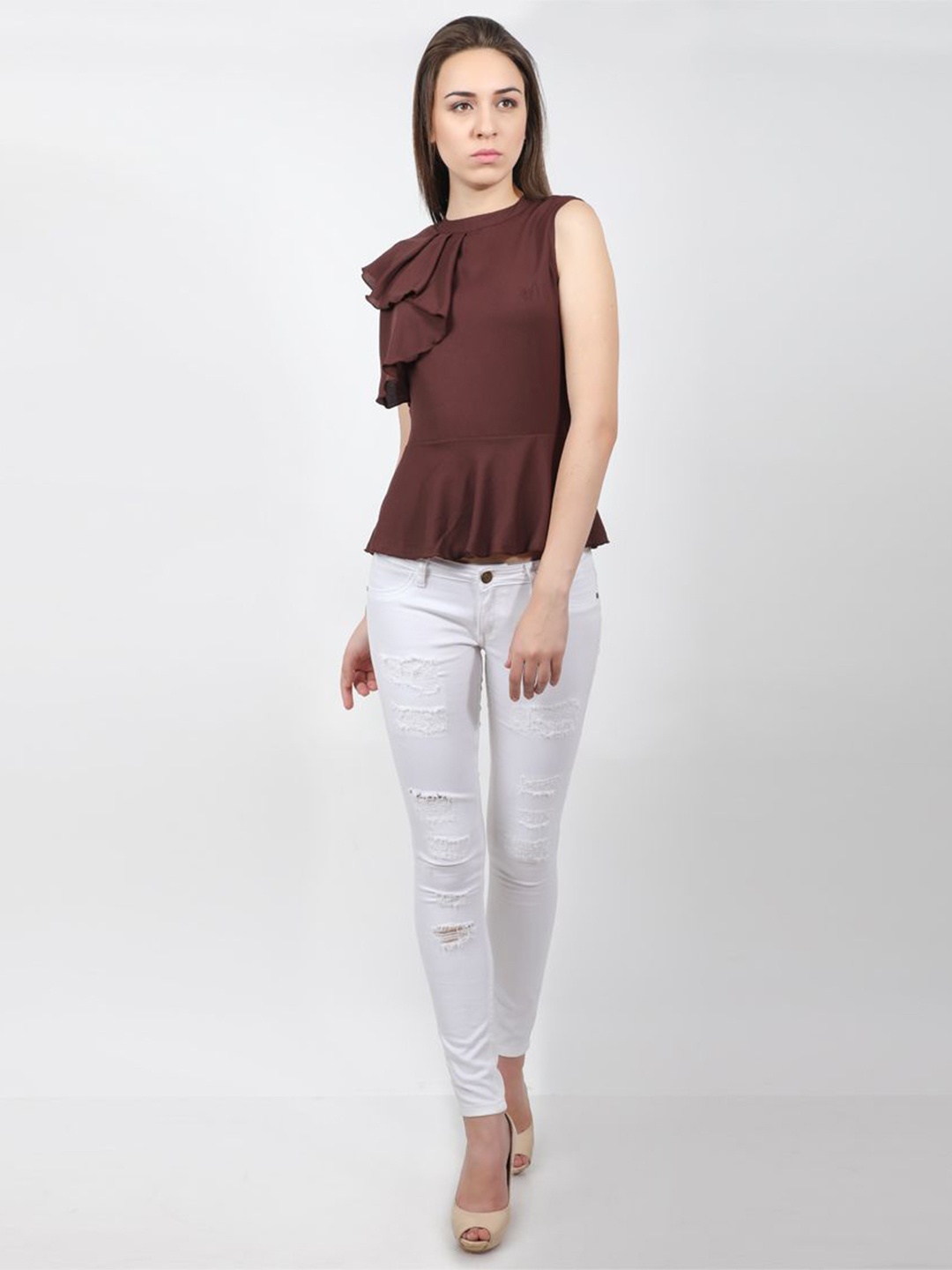 

DELIS Monochrome Georgette Peplum Top, Brown