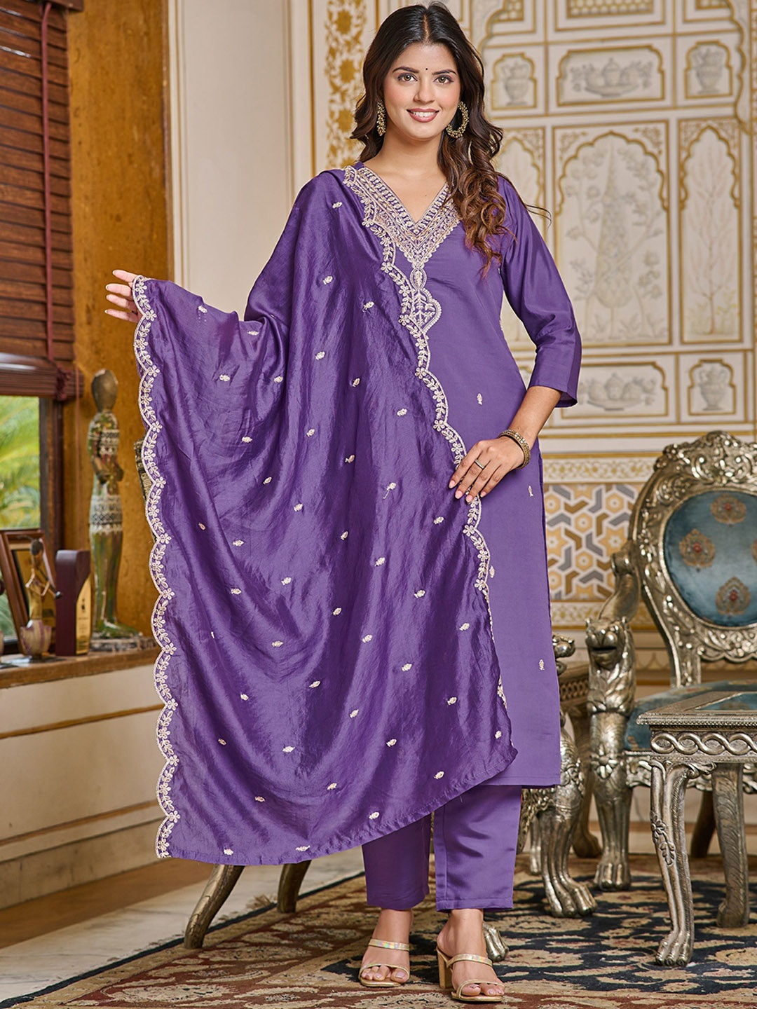 

Vintro Women Ethnic Motifs Embroidered Regular Sequinned Chanderi Cotton Kurta with Trousers & With Dupatta, Purple