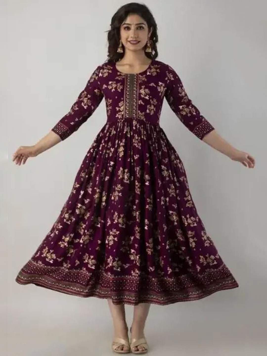 

TROPWEAR Floral Printed Round Neck Maternity Fit And Flare Ethnic Dresses, Purple