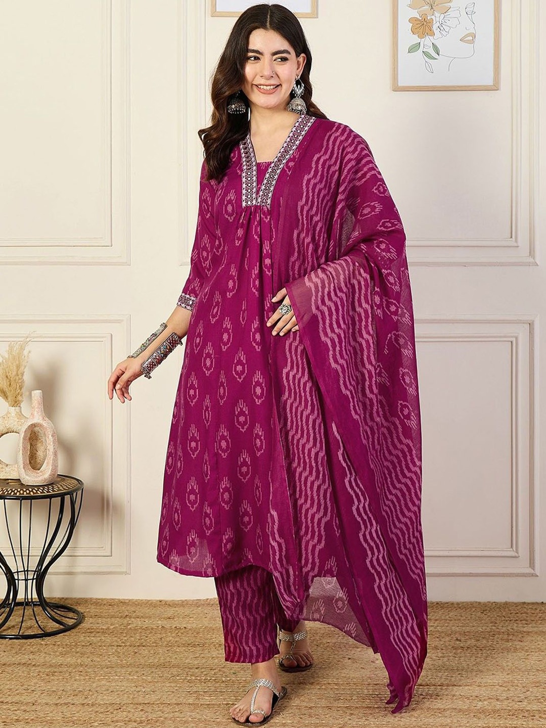 

Moda Rapido Geometric Printed V-Neck Pure Cotton A-Line Kurta With Trousers & Dupatta, Purple