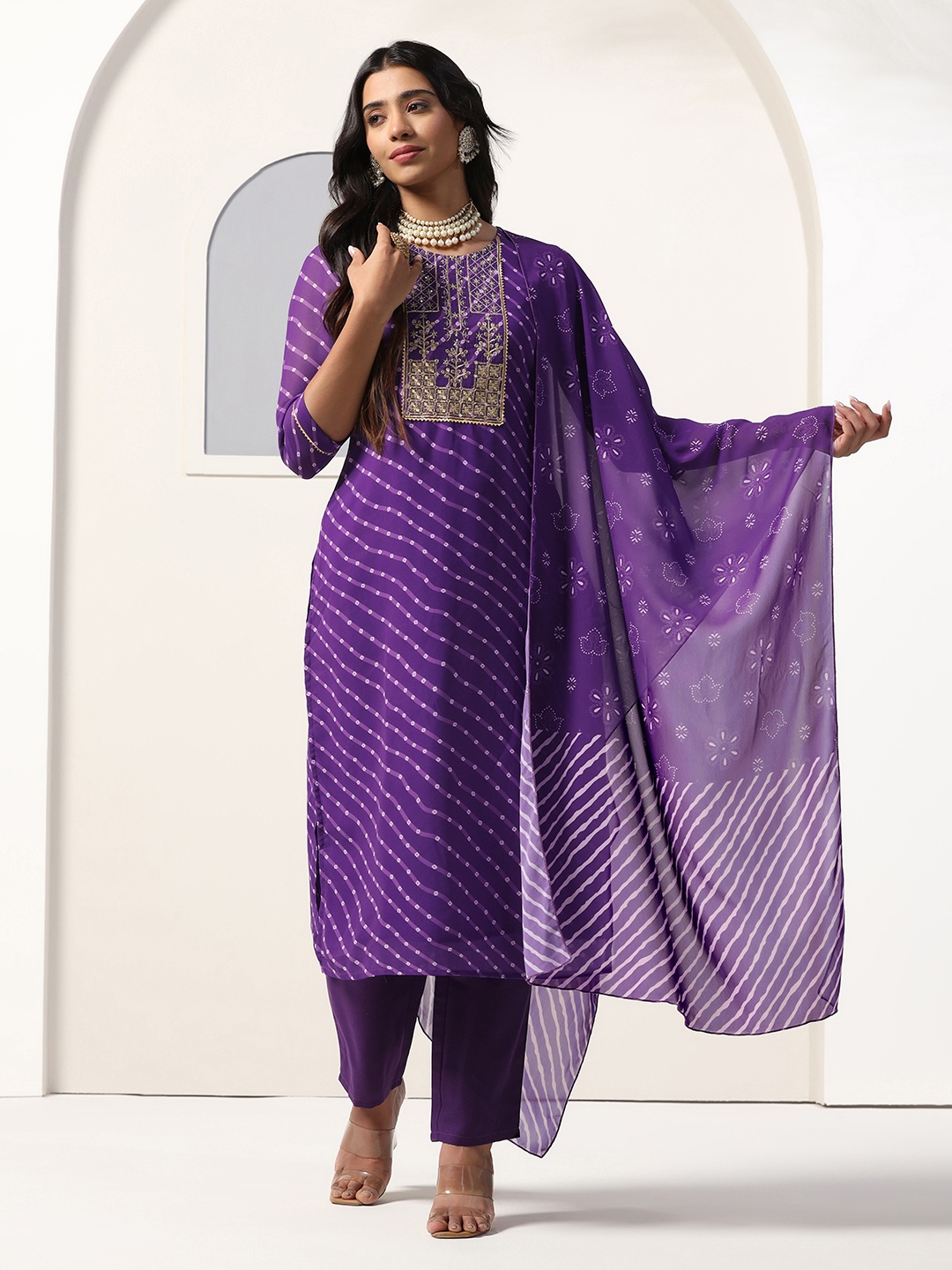 

Moda Rapido Leheriya Printed Round Neck Zari Straight Kurta With Trousers & Dupatta, Violet