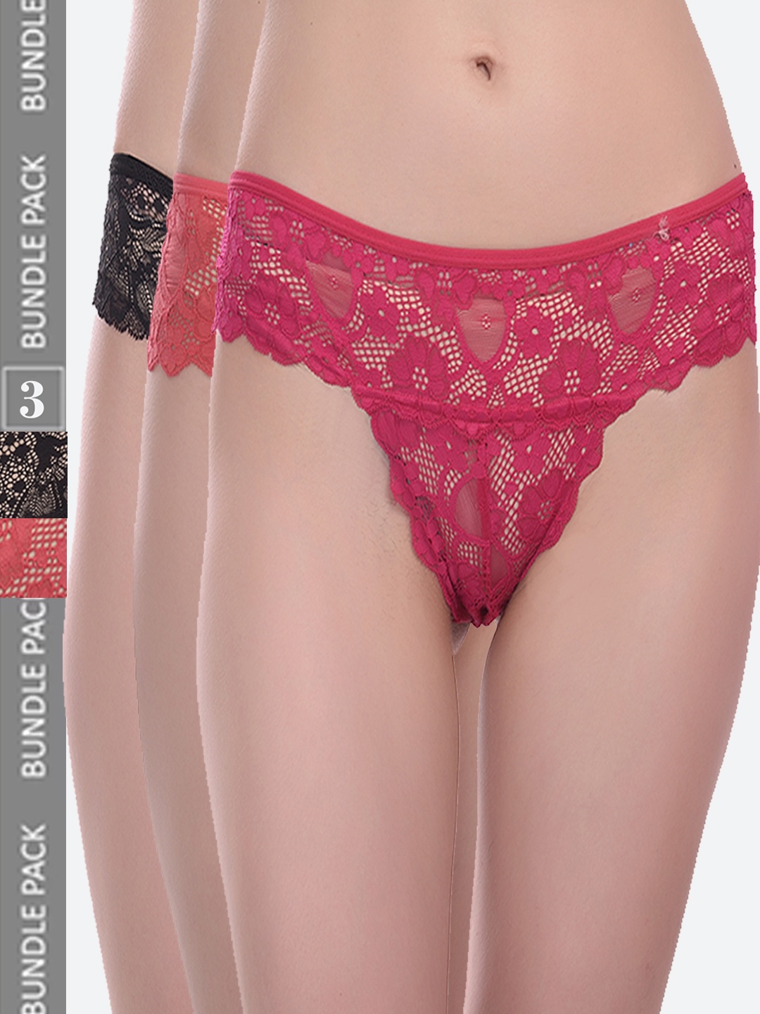 

Fleurt Women Pack Of 3 Assorted Lace Bikini Briefs, Pink
