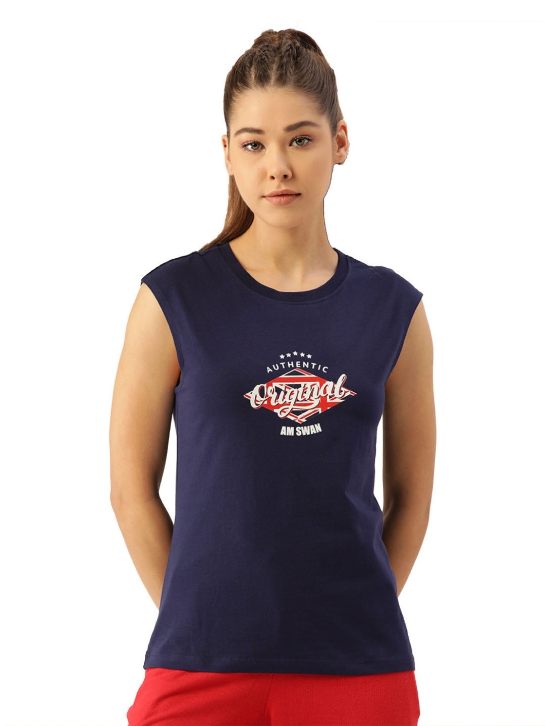 

AMSWAN Women Typography Printed Round Neck Cotton T-shirt, Navy blue
