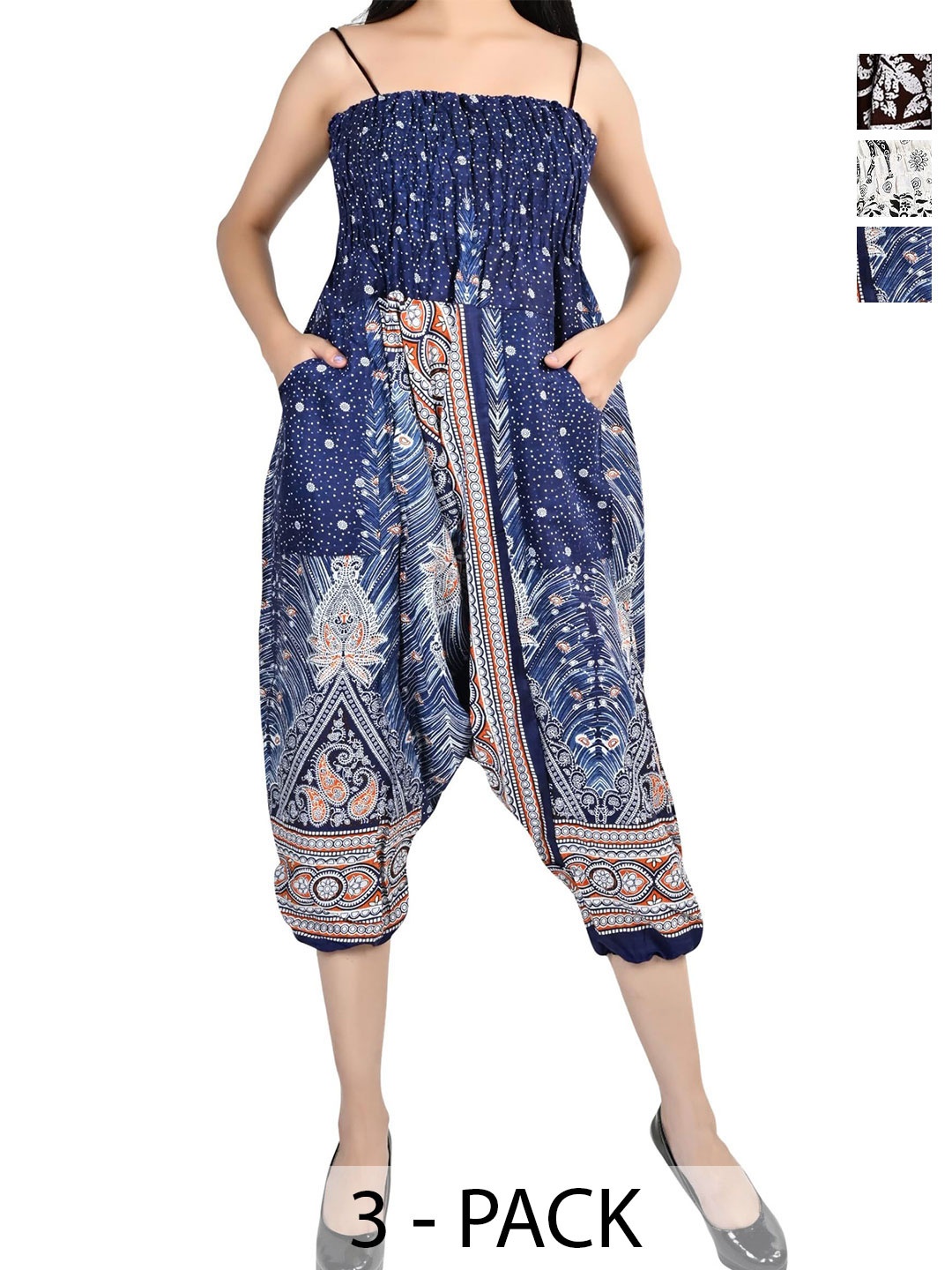 

NarNari Women Pack Of 3 Printed Mid-Rise Harem Pants, Blue