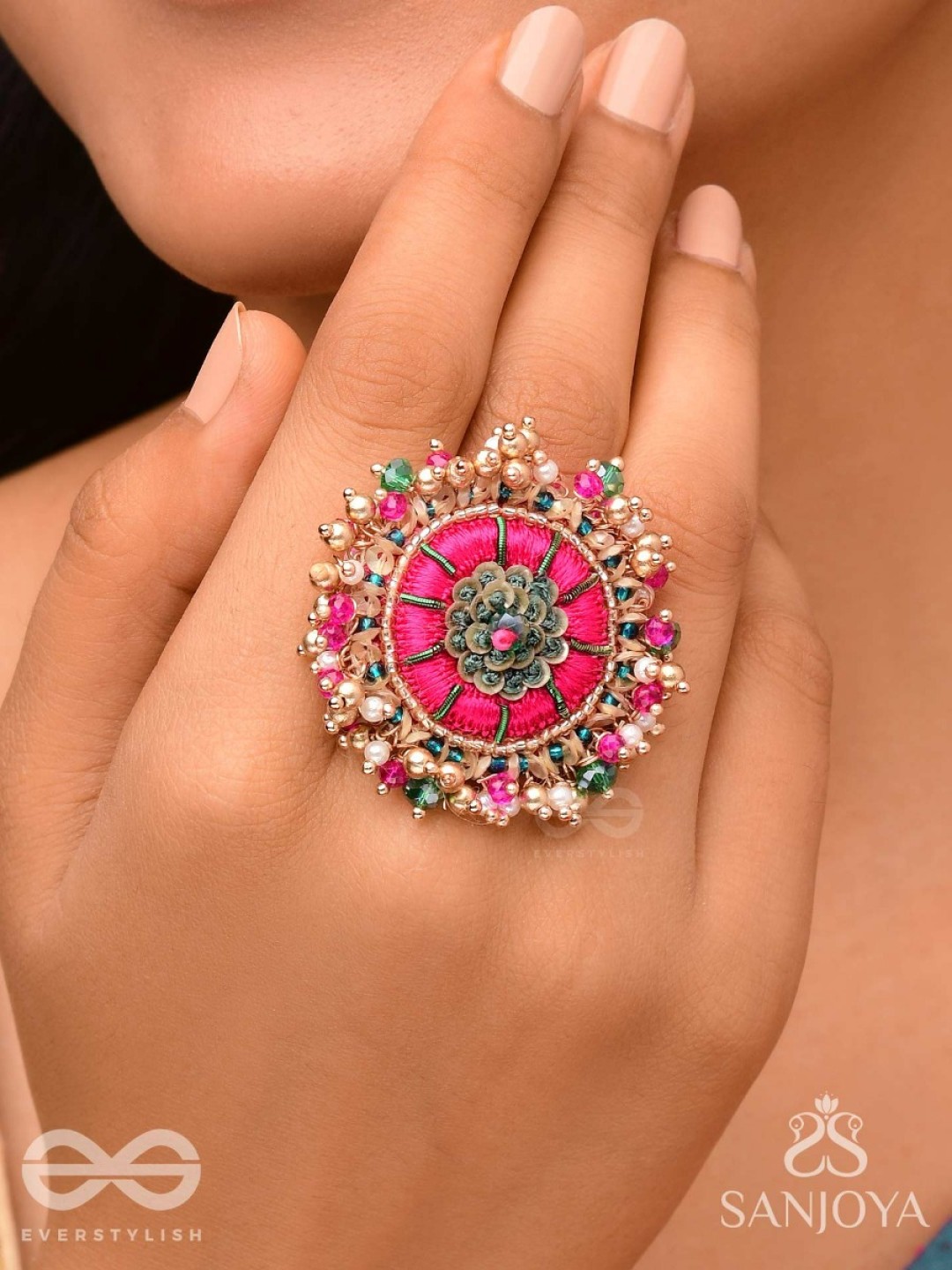 

EVERSTYLISH Sanjoya Resham, Beads & Dabka Embroidered Adjustable Finger Ring, Gold
