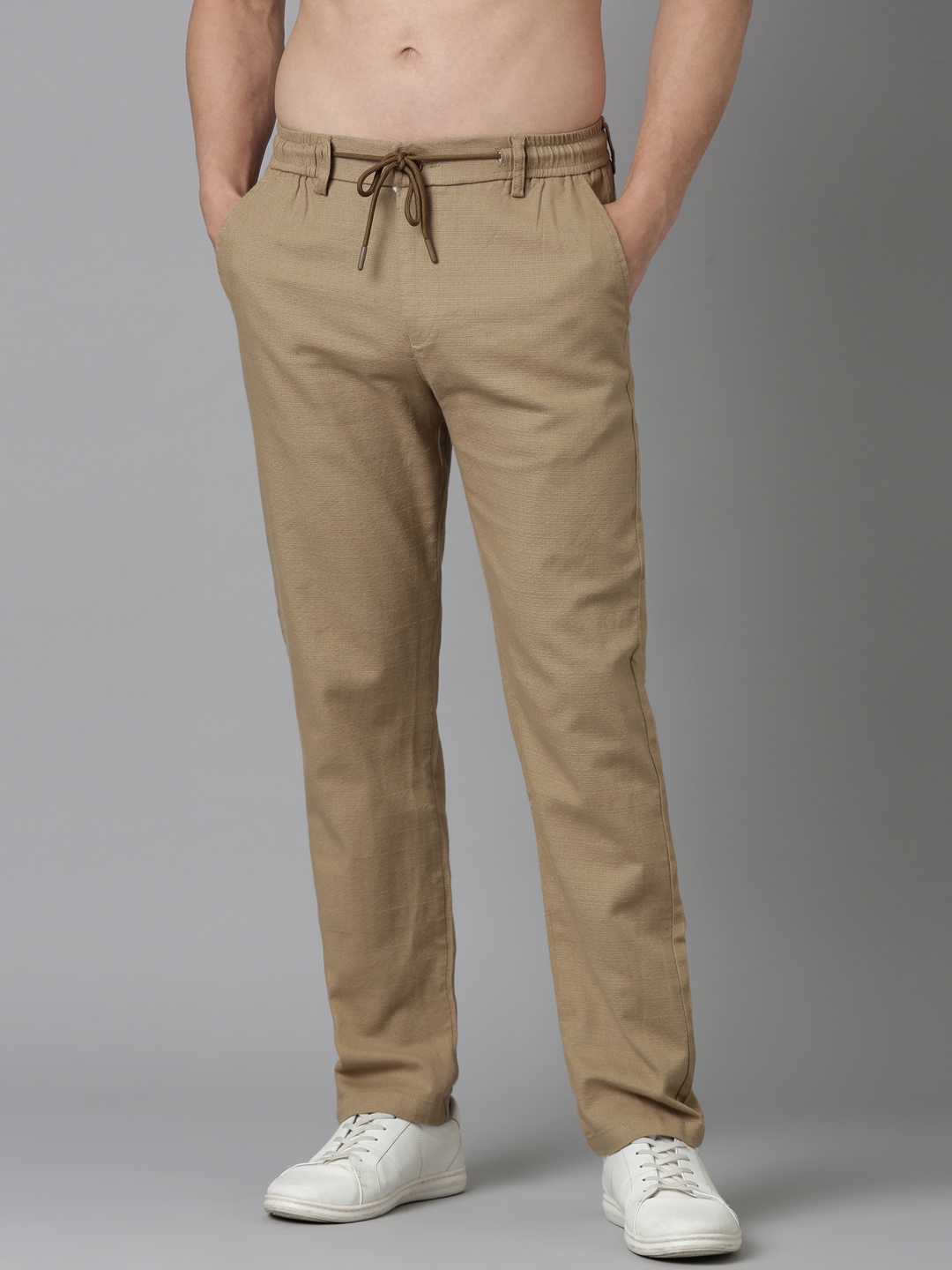 

NEVER NEUD Men Relaxed Fancy Linen Trousers, Khaki