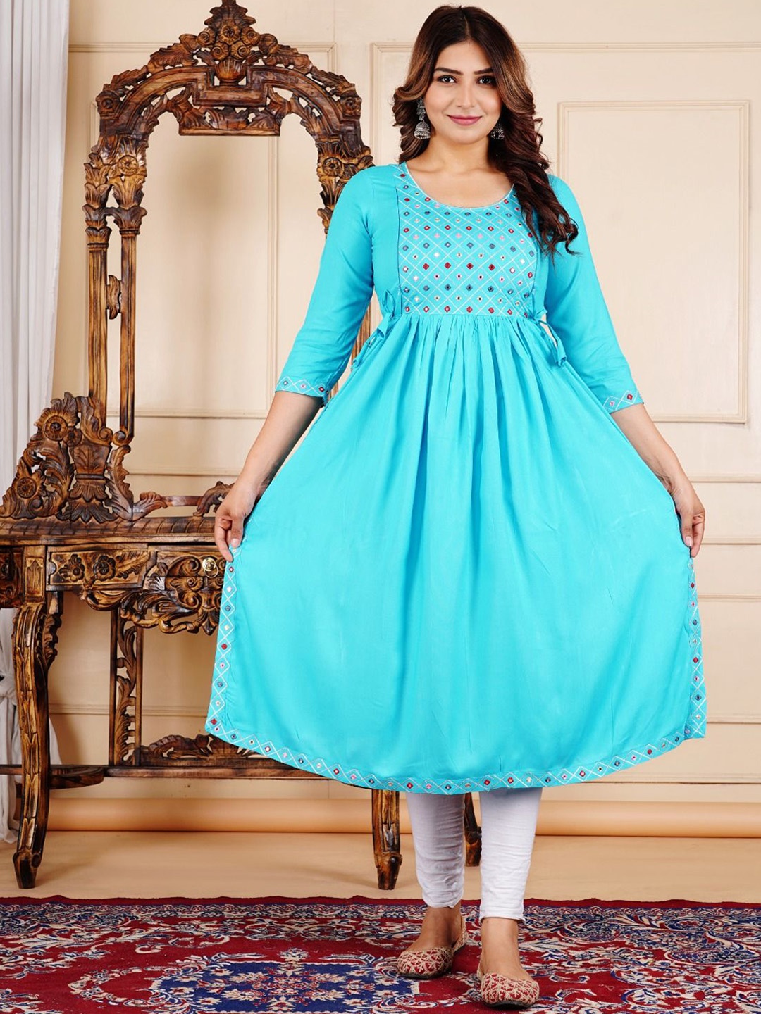 

TROPWEAR Pleated Geometric Embroidered Mirror Work Anarkali Maternity Kurta, Turquoise blue