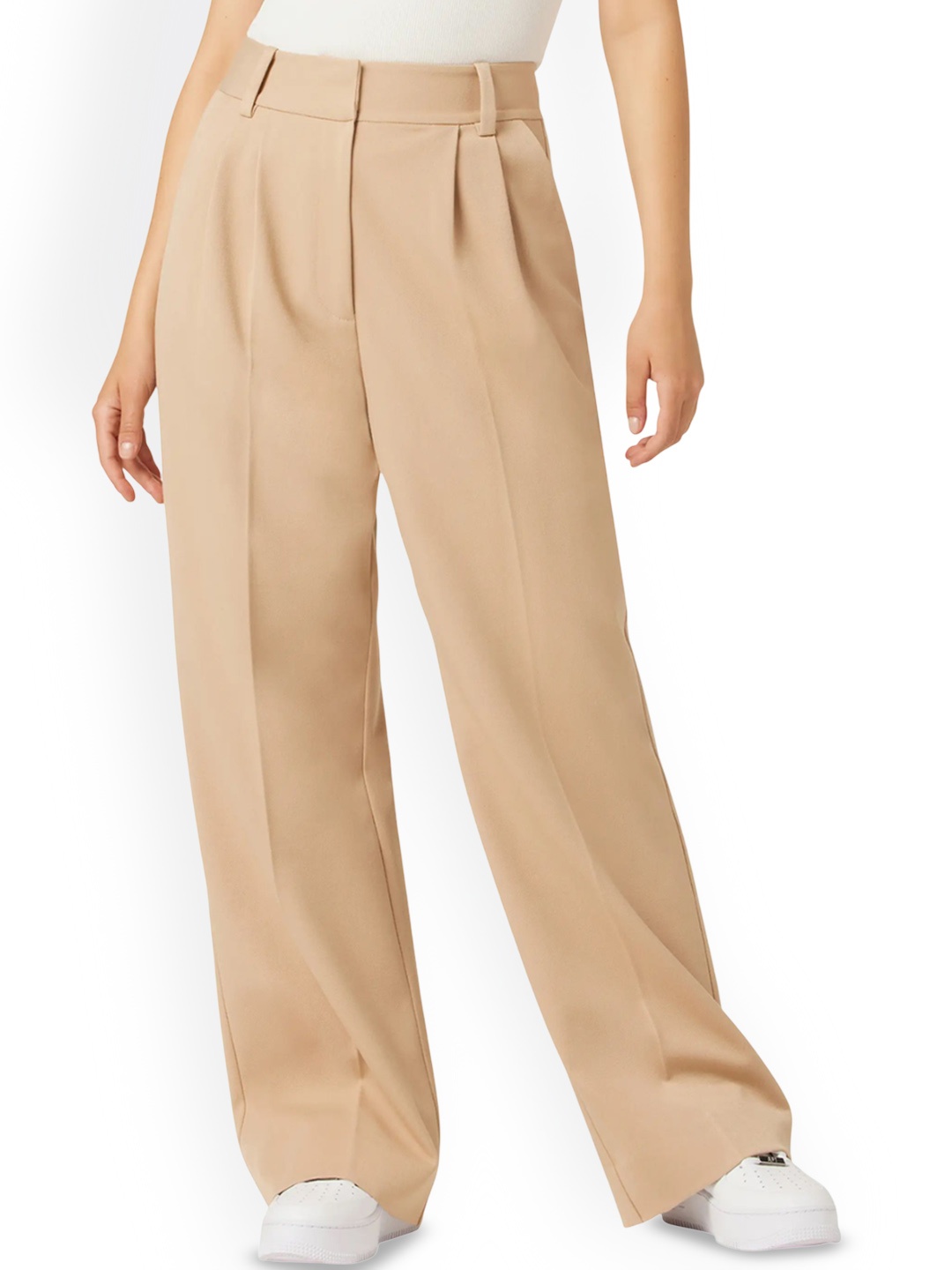 

FNOCKS Women Tailored High-Rise Stain Resistant Pleated Trousers, Beige