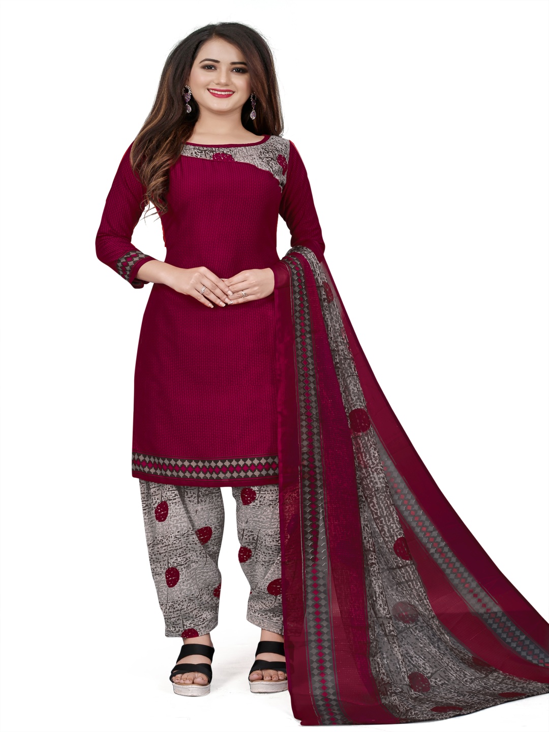 

HERE&NOW Floral Printed Unstitched Dress Material, Maroon