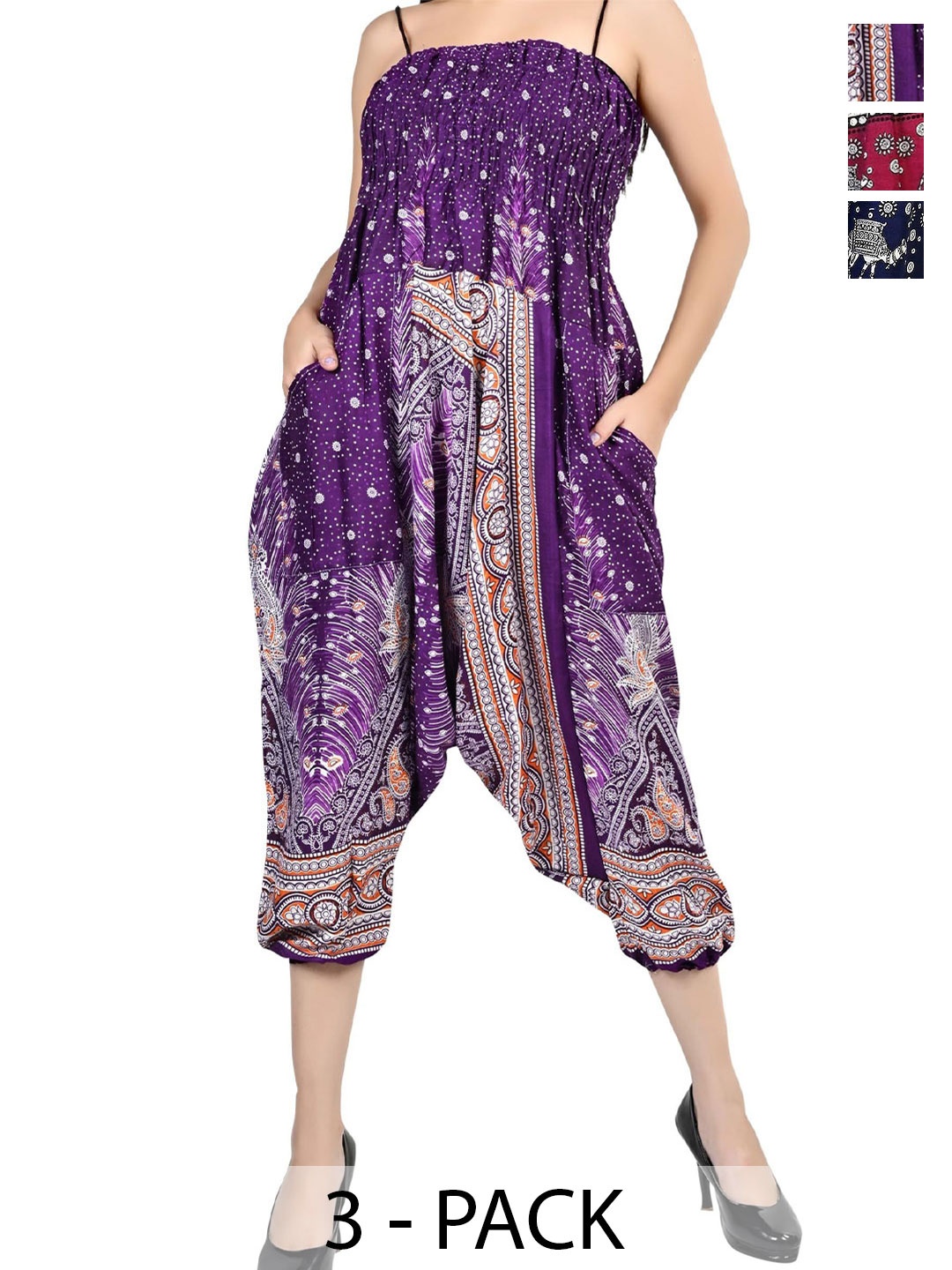 

NarNari Women Pack Of 3 Printed Harem Pants, Purple