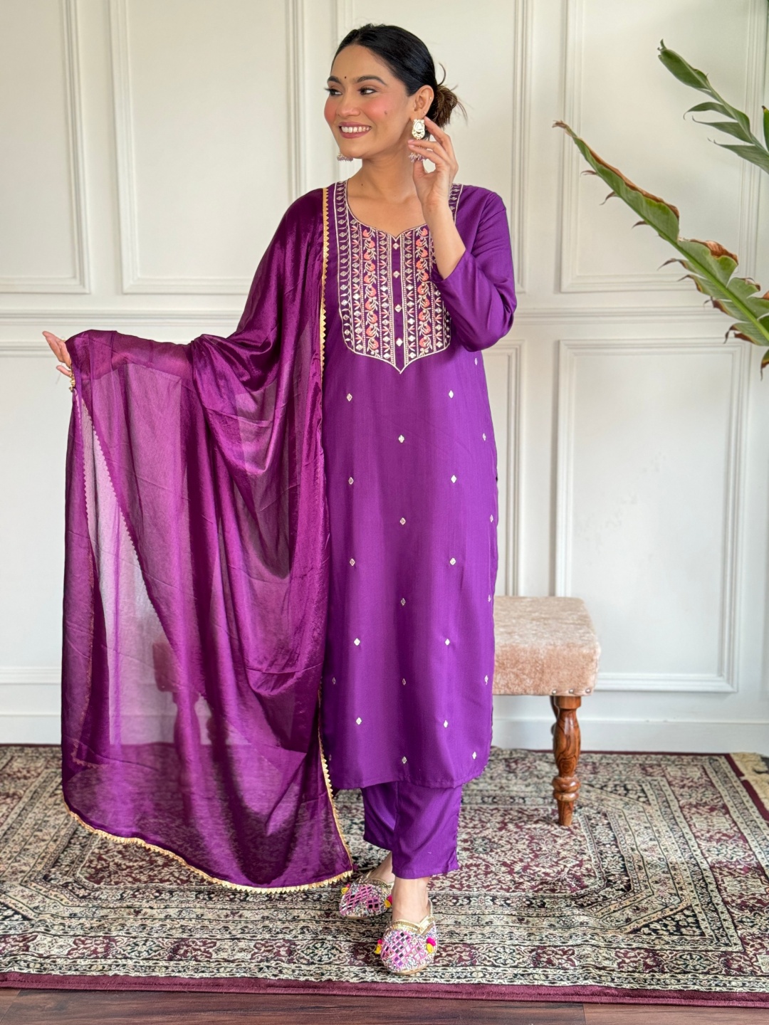 

Moda Rapido Women Ethnic Motifs Embroidered Regular Thread Work Kurta with Trousers & With Dupatta, Purple